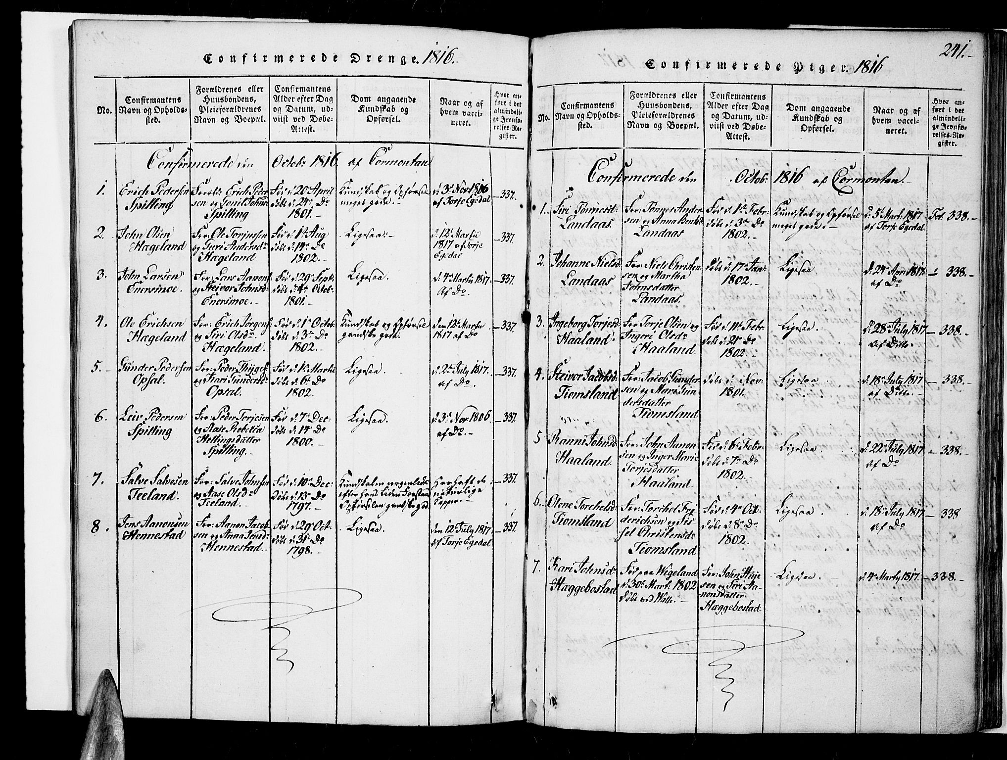 Nord-Audnedal sokneprestkontor, SAK/1111-0032/F/Fa/Fab/L0001: Parish register (official) no. A 1, 1816-1858, p. 241
