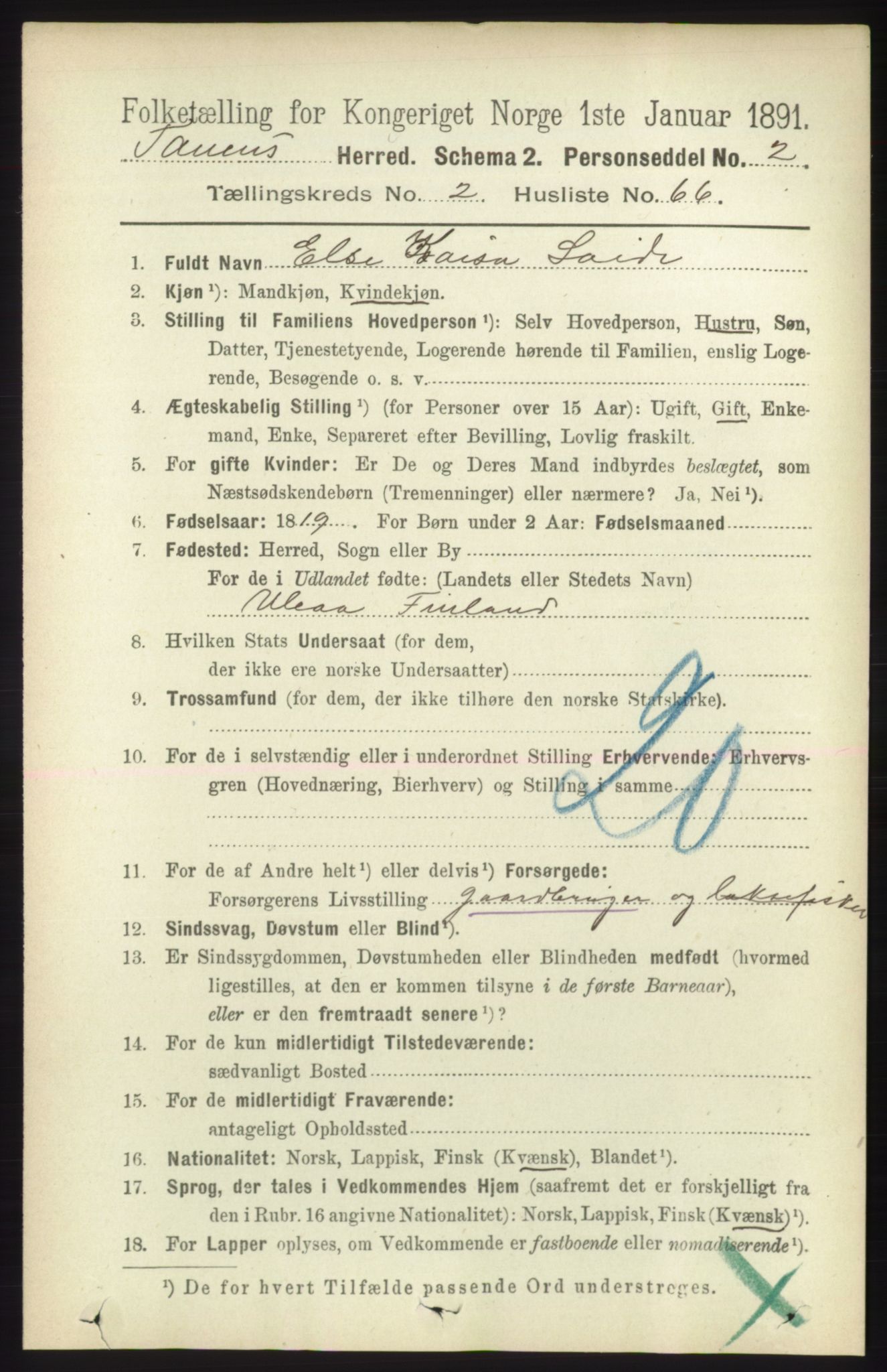 RA, 1891 census for 2025 Tana, 1891, p. 1156