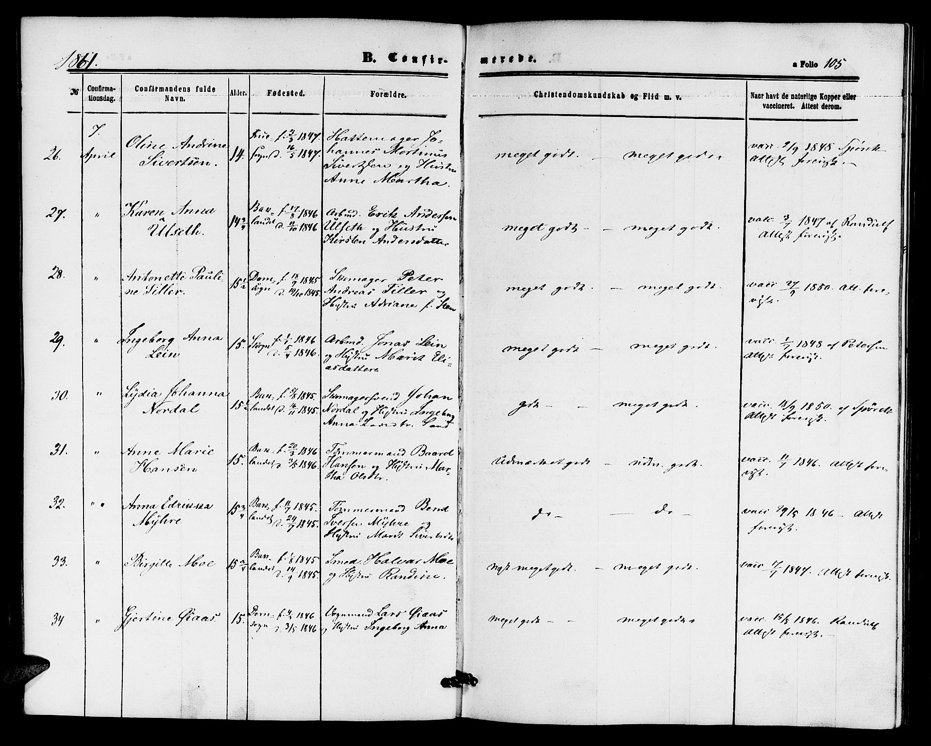 Ministerialprotokoller, klokkerbøker og fødselsregistre - Sør-Trøndelag, AV/SAT-A-1456/604/L0185: Parish register (official) no. 604A06, 1861-1865, p. 105