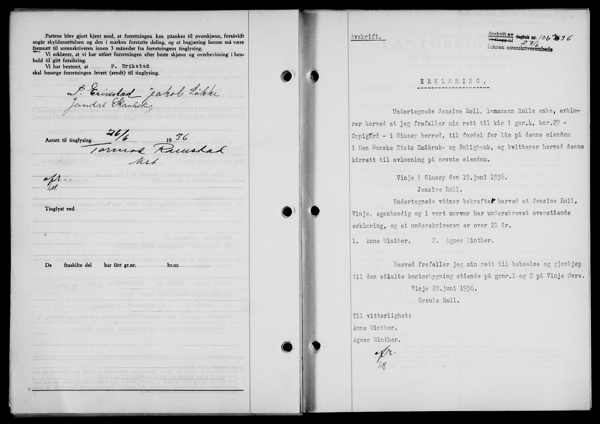 Lofoten sorenskriveri, SAT/A-0017/1/2/2C/L0033b: Mortgage book no. 33b, 1936-1936, Diary no: : 1067/1936