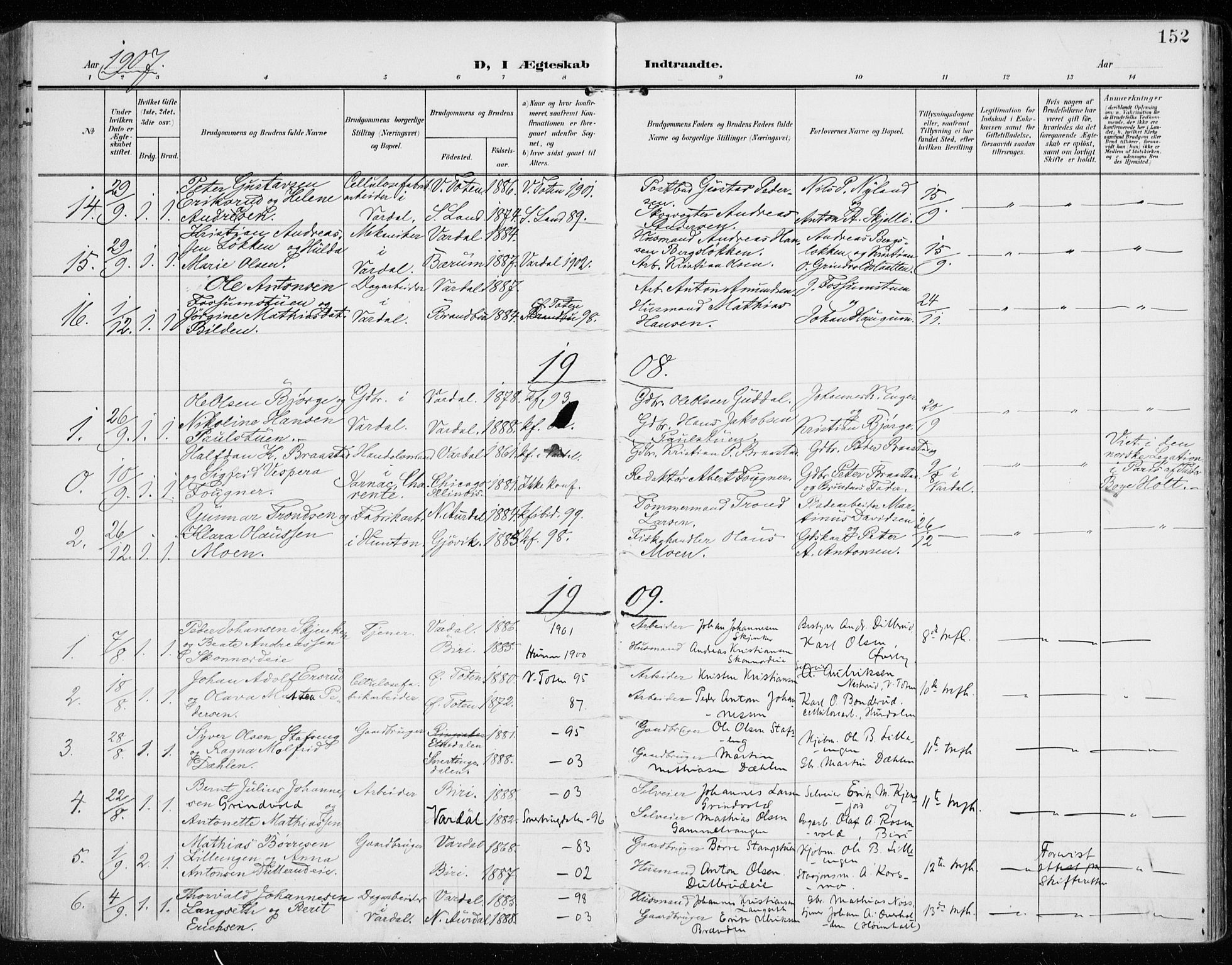 Vardal prestekontor, SAH/PREST-100/H/Ha/Haa/L0016: Parish register (official) no. 16, 1904-1916, p. 152