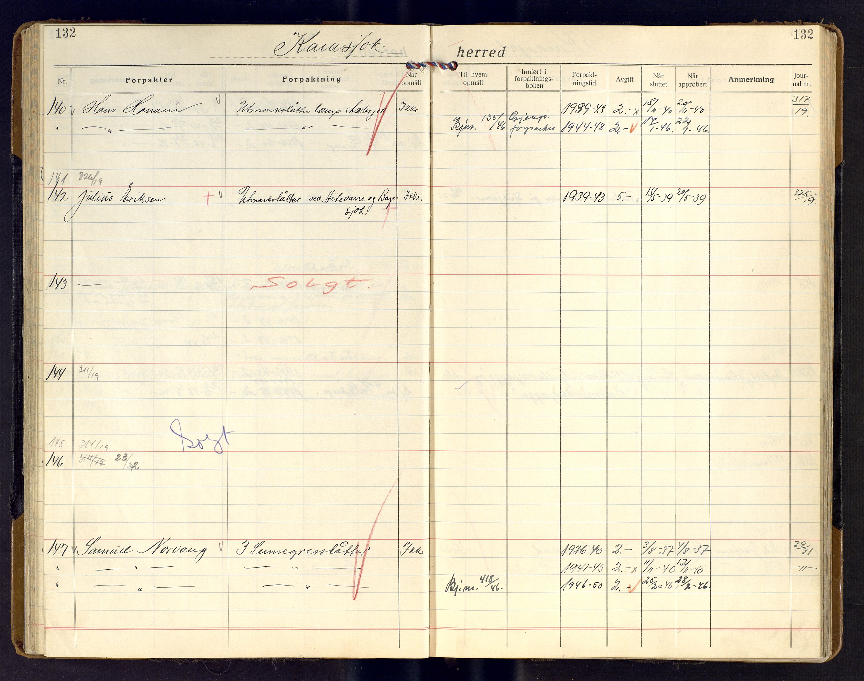 Finnmark jordsalgskommisjon/jordsalgskontor og Statskog SF Finnmark jordsalgskontor, AV/SATØ-S-1443/J/Ja/L0011: Forpaktningsbok for Finnmark II, 1921-1948, p. 132