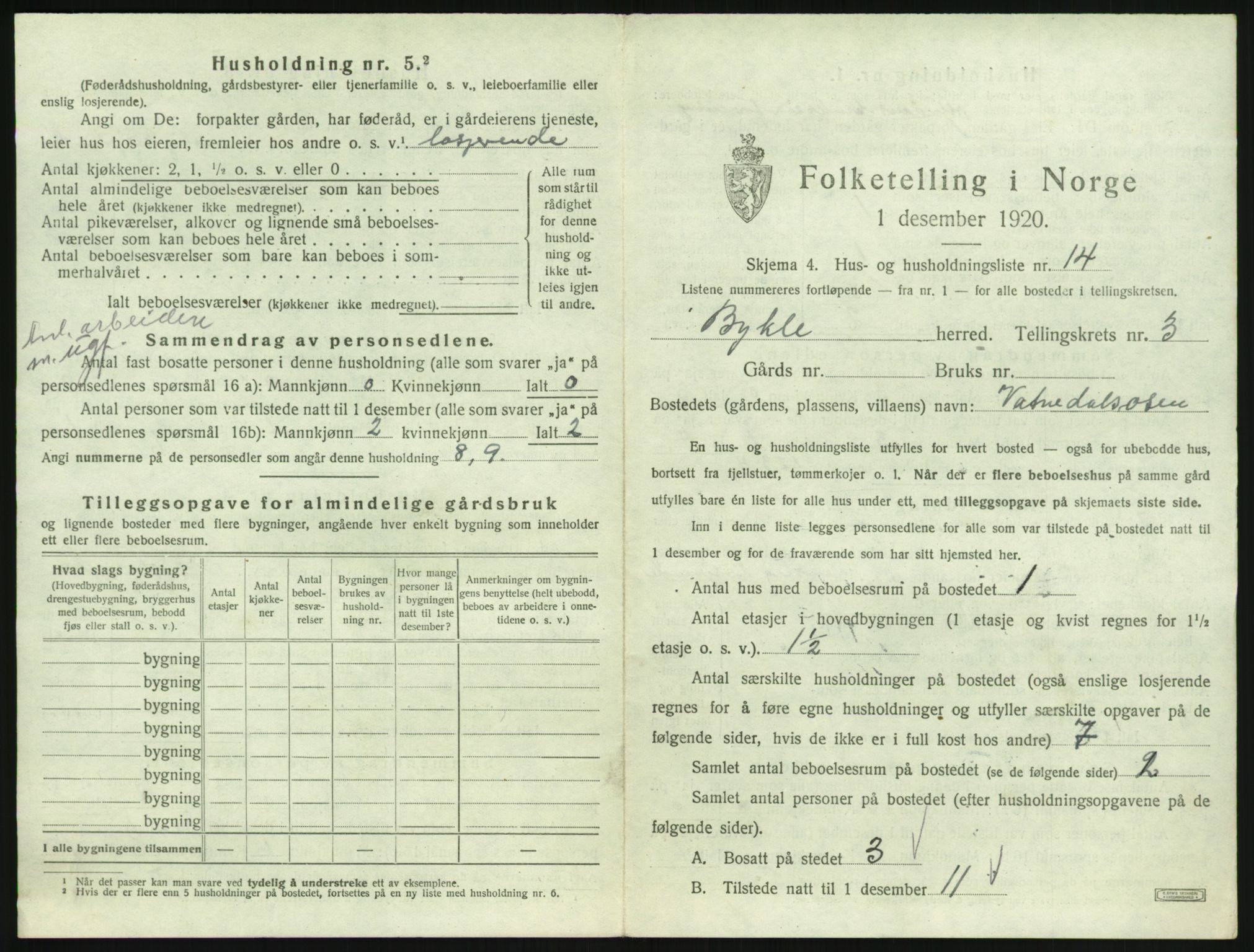SAK, 1920 census for Bykle, 1920, p. 187