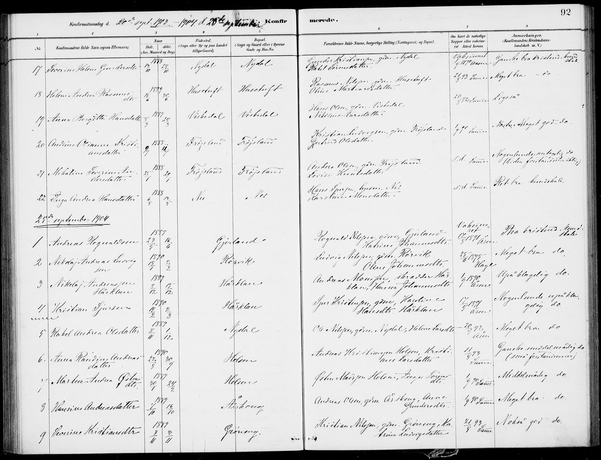 Førde sokneprestembete, SAB/A-79901/H/Haa/Haac/L0001: Parish register (official) no. C  1, 1881-1920, p. 92