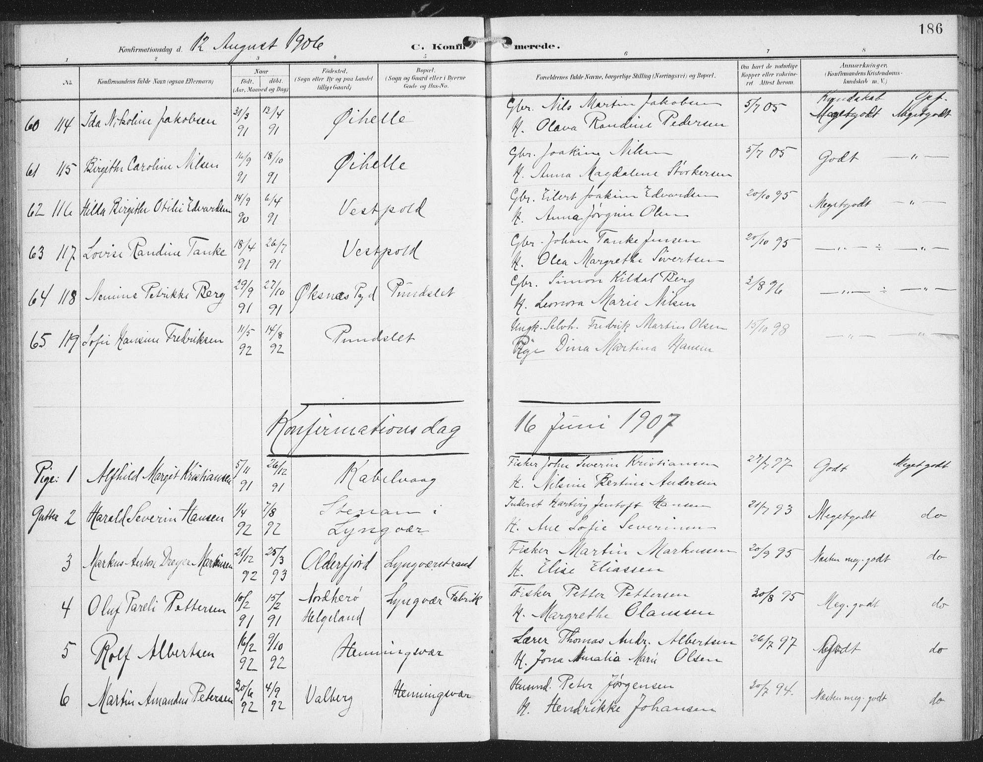 Ministerialprotokoller, klokkerbøker og fødselsregistre - Nordland, AV/SAT-A-1459/874/L1062: Parish register (official) no. 874A06, 1899-1907, p. 186