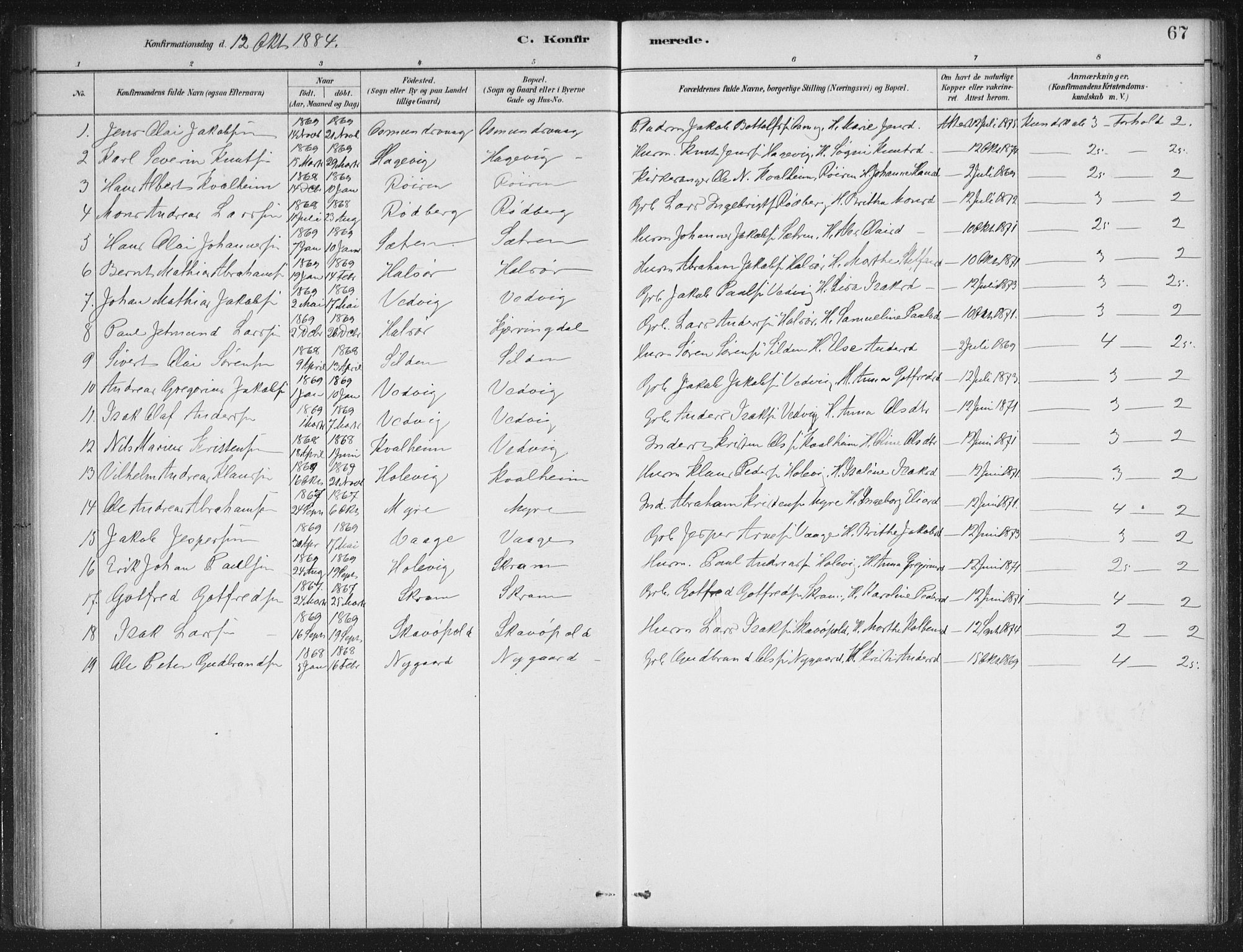 Selje sokneprestembete, AV/SAB-A-99938/H/Ha/Haa/Haac/L0001: Parish register (official) no. C  1, 1881-1888, p. 67