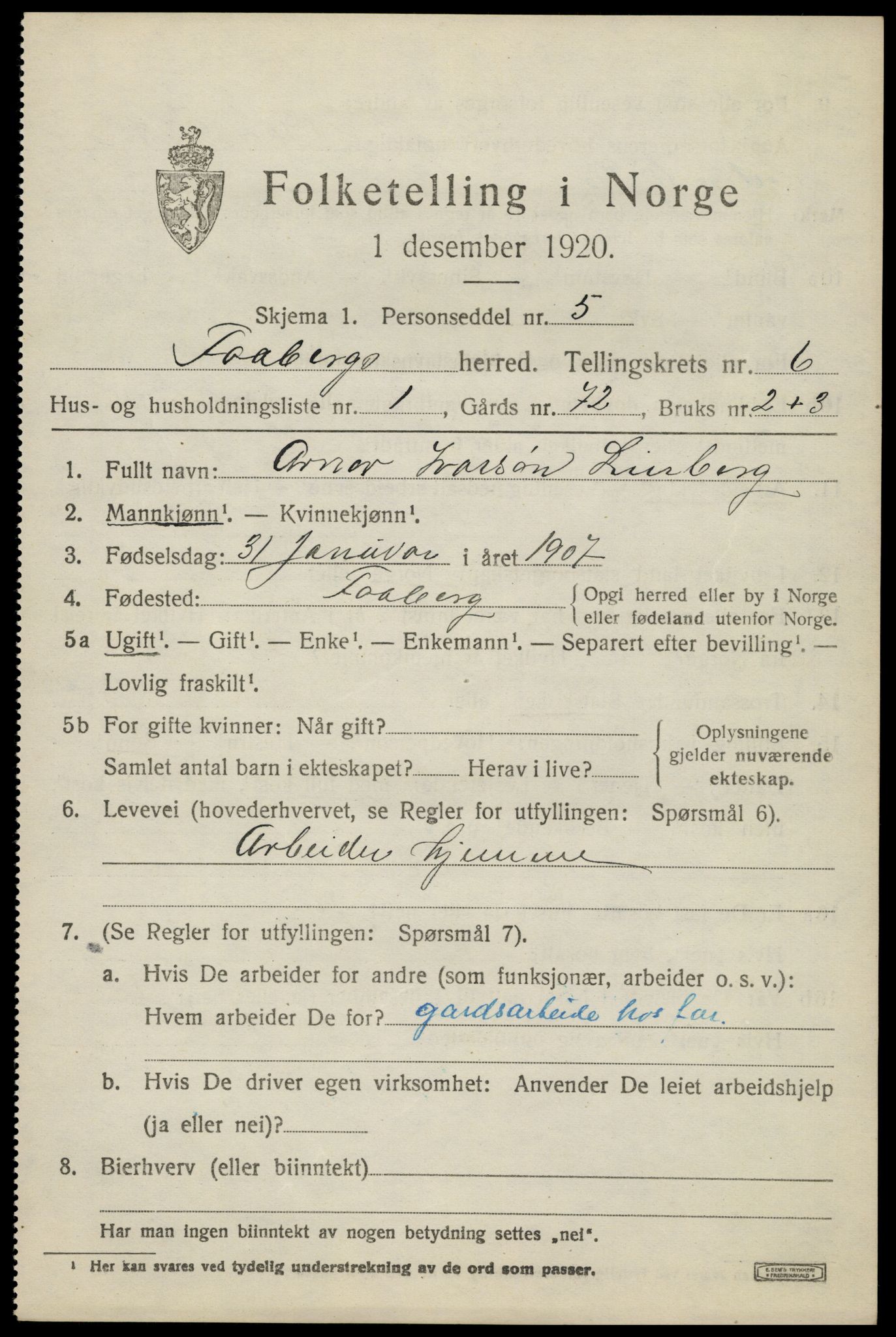 SAH, 1920 census for Fåberg, 1920, p. 7350