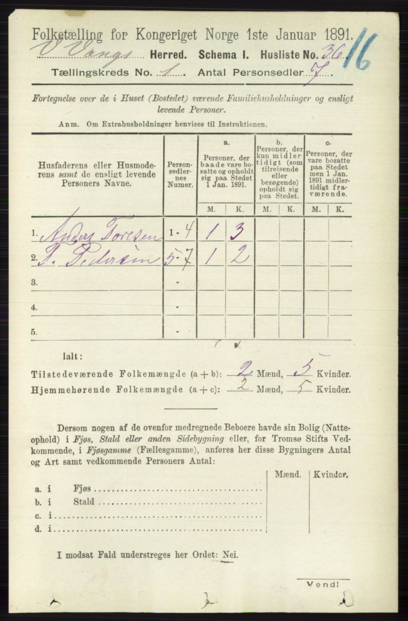 RA, 1891 census for 0545 Vang, 1891, p. 66