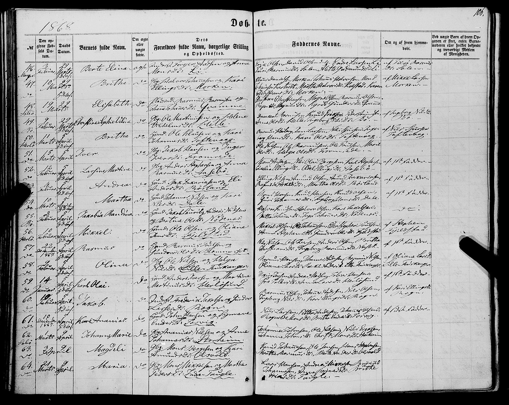 Manger sokneprestembete, AV/SAB-A-76801/H/Haa: Parish register (official) no. A 7, 1860-1870, p. 106