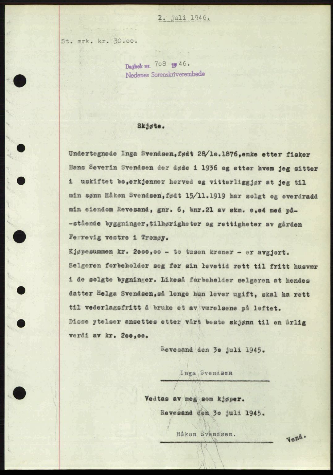 Nedenes sorenskriveri, SAK/1221-0006/G/Gb/Gba/L0055: Mortgage book no. A7, 1946-1946, Diary no: : 708/1946
