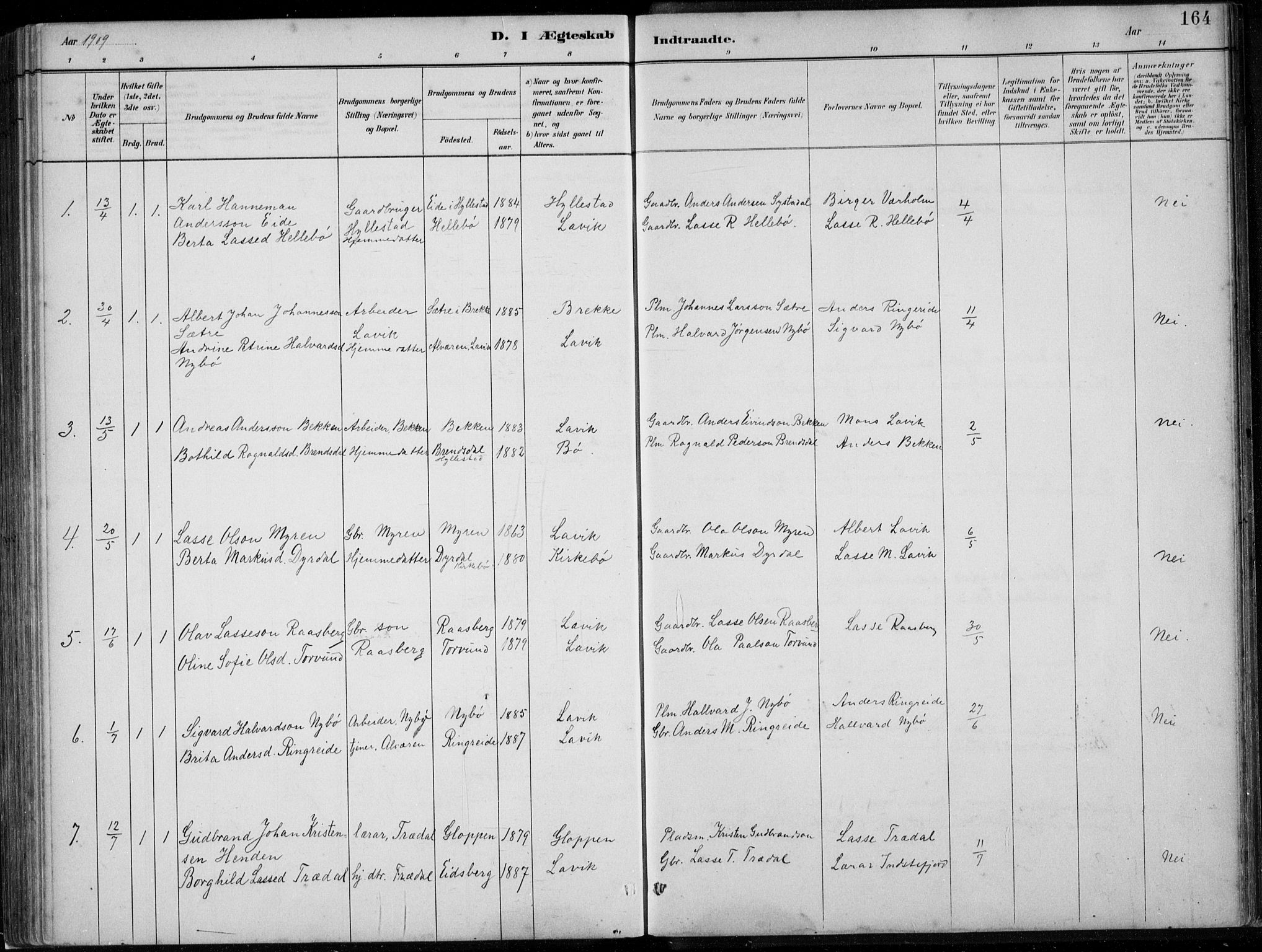 Lavik sokneprestembete, SAB/A-80901: Parish register (copy) no. A 2, 1882-1910, p. 164