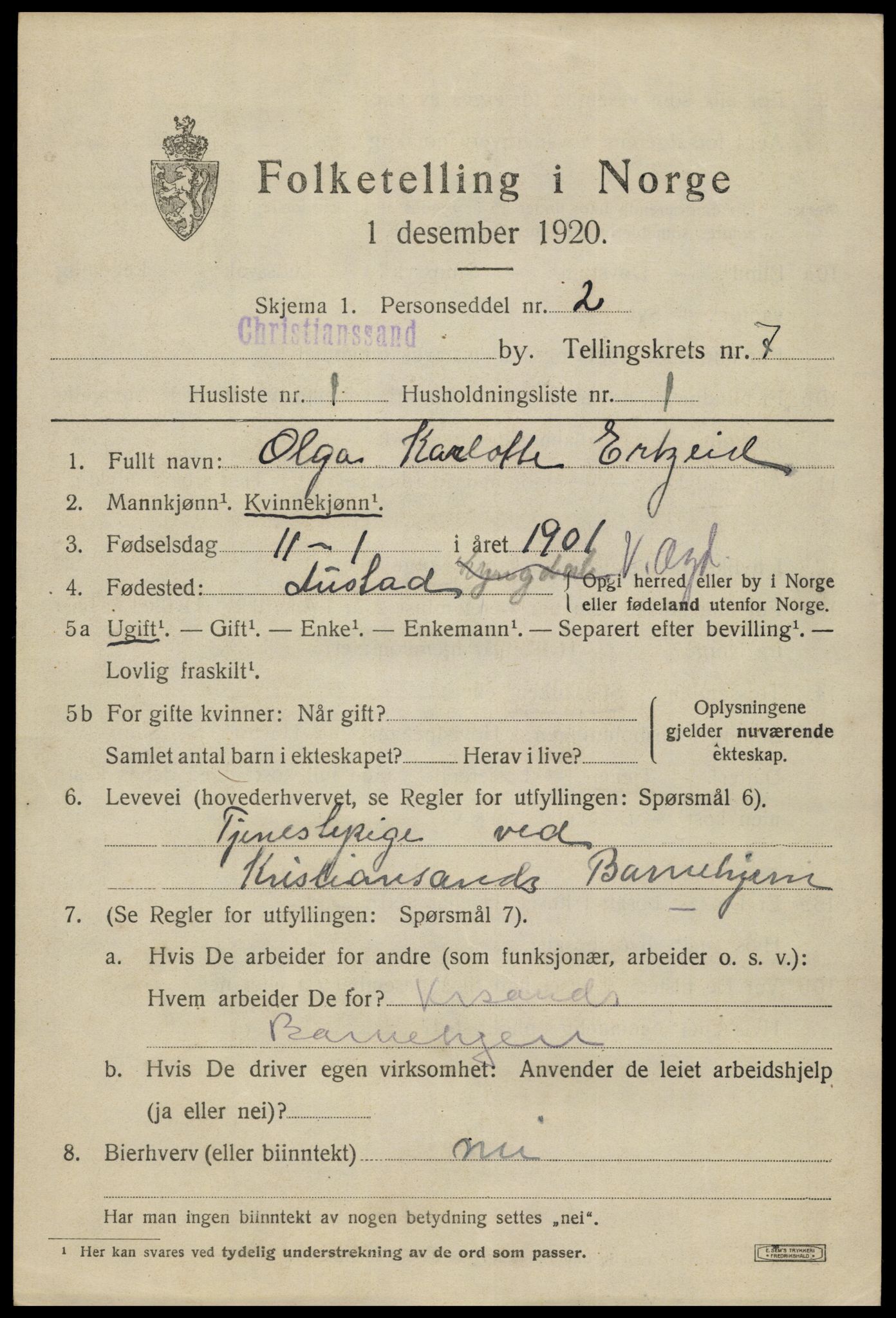 SAK, 1920 census for Kristiansand, 1920, p. 20057