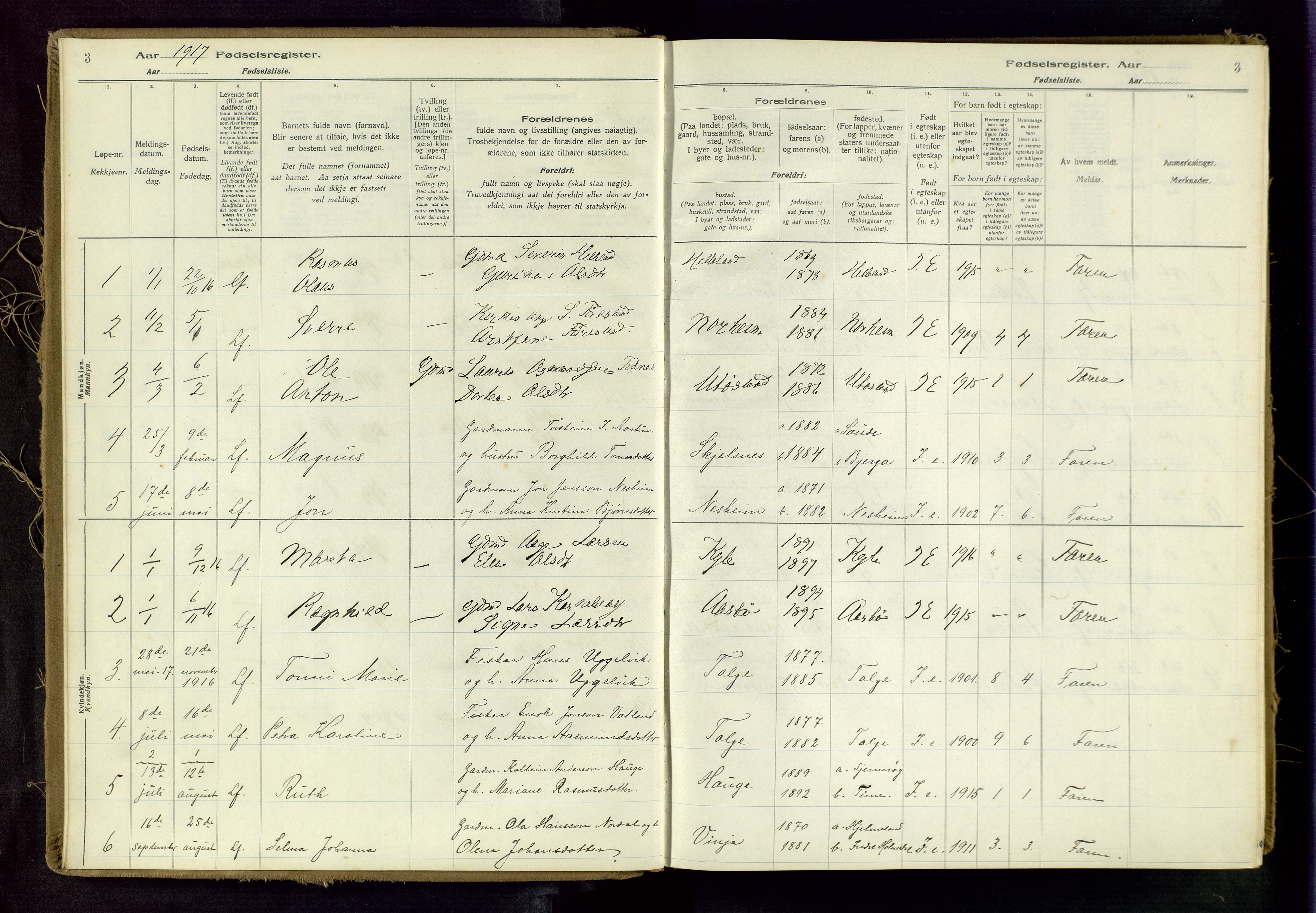 Nedstrand sokneprestkontor, SAST/A-101841/03/A/L0001: Birth register no. 1, 1916-1982, p. 3