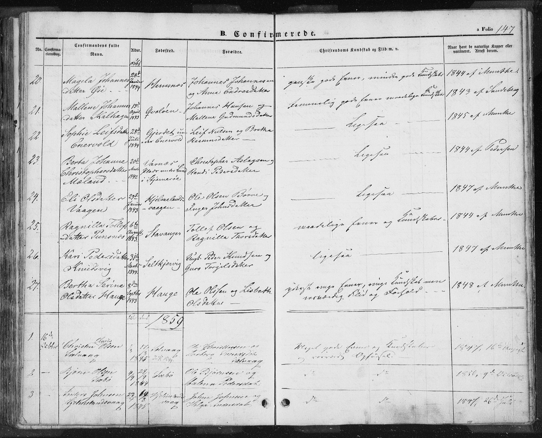 Hjelmeland sokneprestkontor, AV/SAST-A-101843/01/IV/L0009: Parish register (official) no. A 9, 1846-1860, p. 147