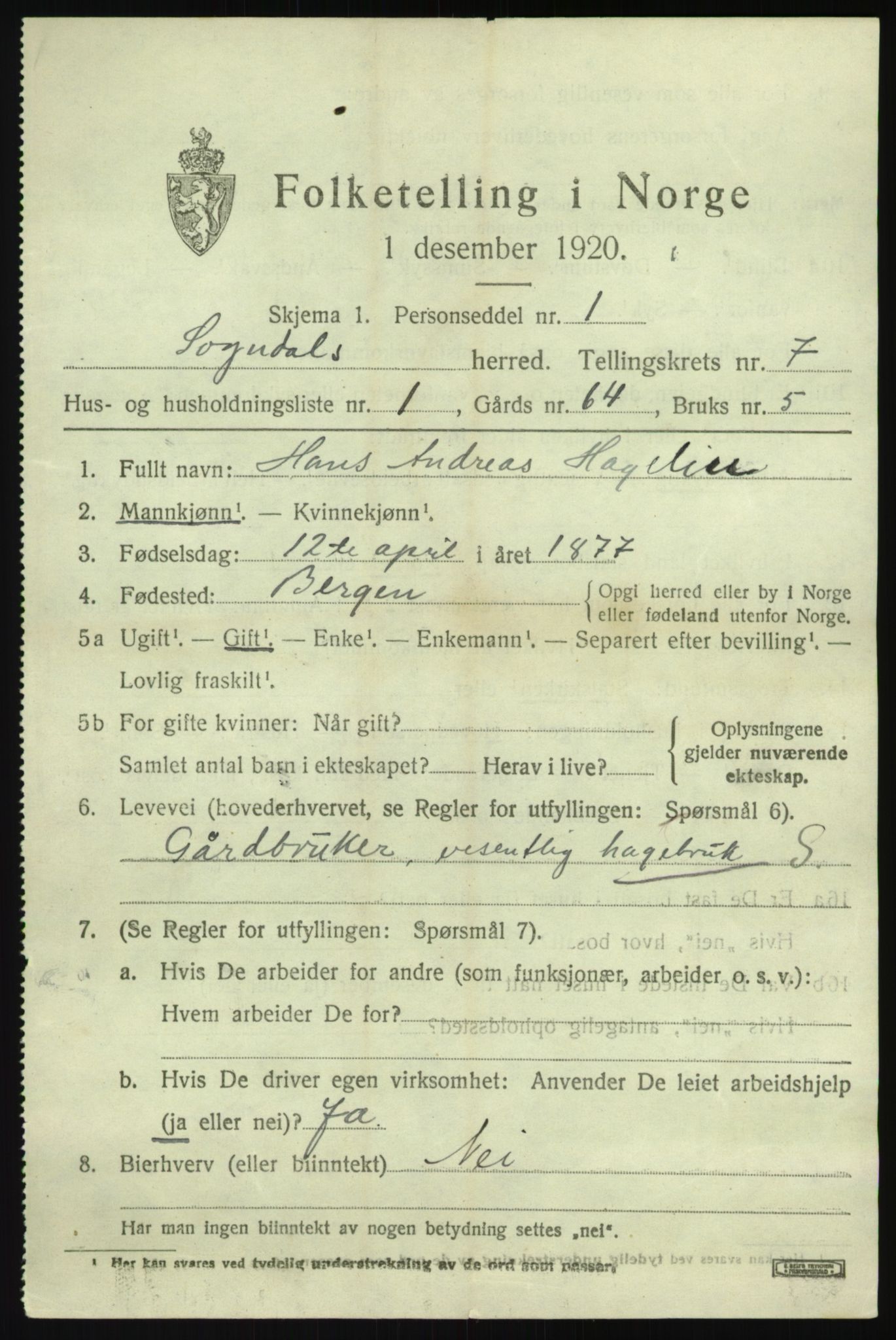 SAB, 1920 census for Sogndal, 1920, p. 3387