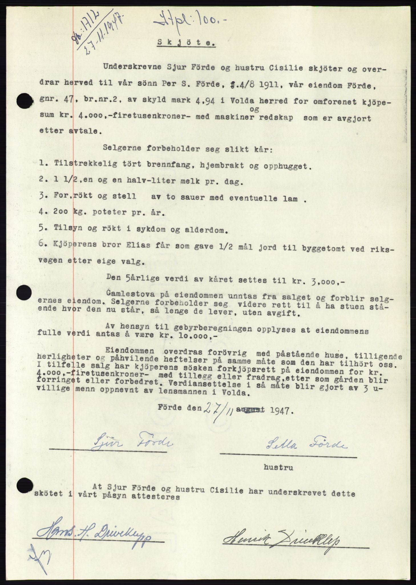 Søre Sunnmøre sorenskriveri, AV/SAT-A-4122/1/2/2C/L0081: Mortgage book no. 7A, 1947-1948, Diary no: : 1712/1947