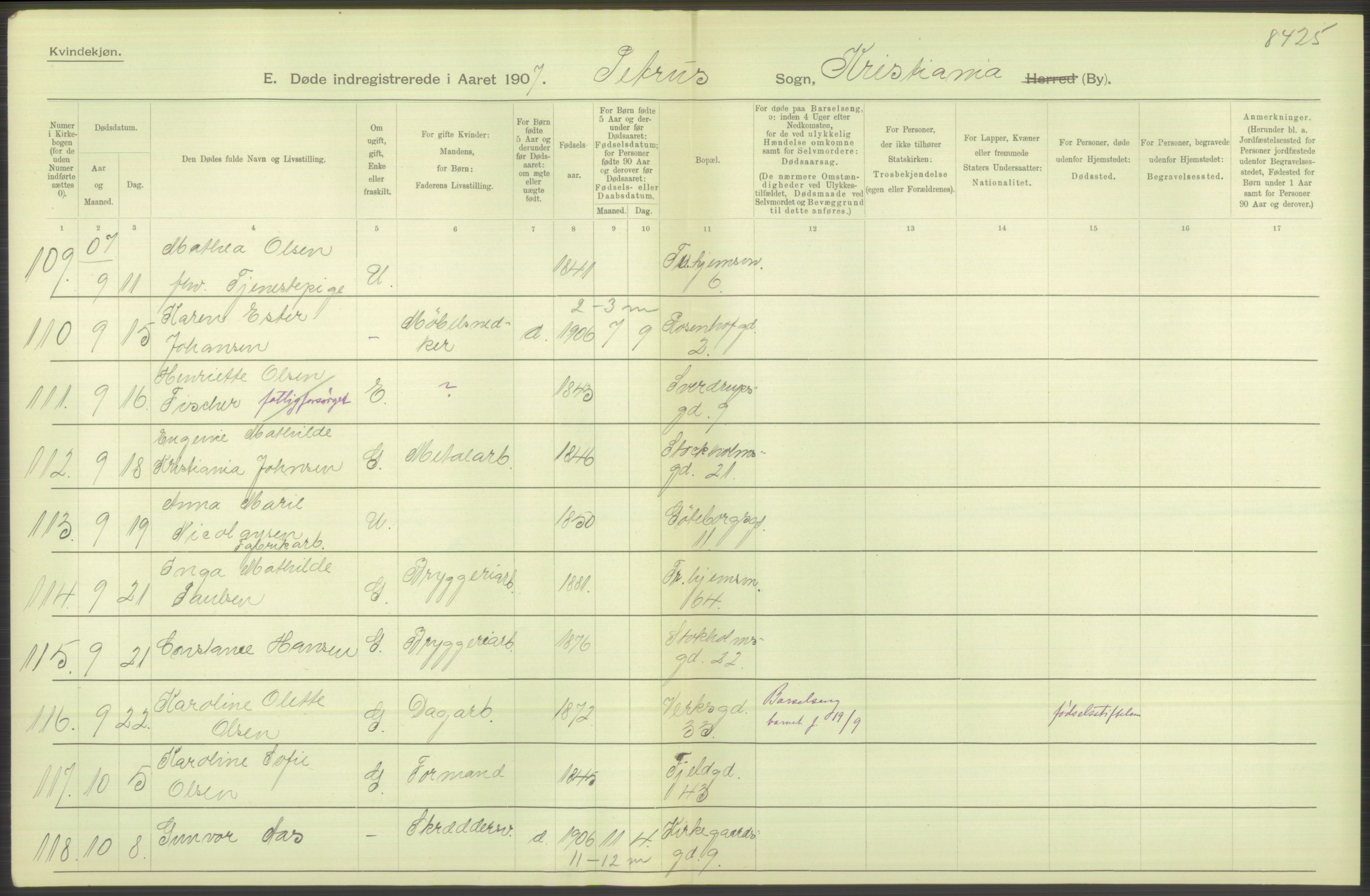 Statistisk sentralbyrå, Sosiodemografiske emner, Befolkning, RA/S-2228/D/Df/Dfa/Dfae/L0009: Kristiania: Døde, 1907, p. 350