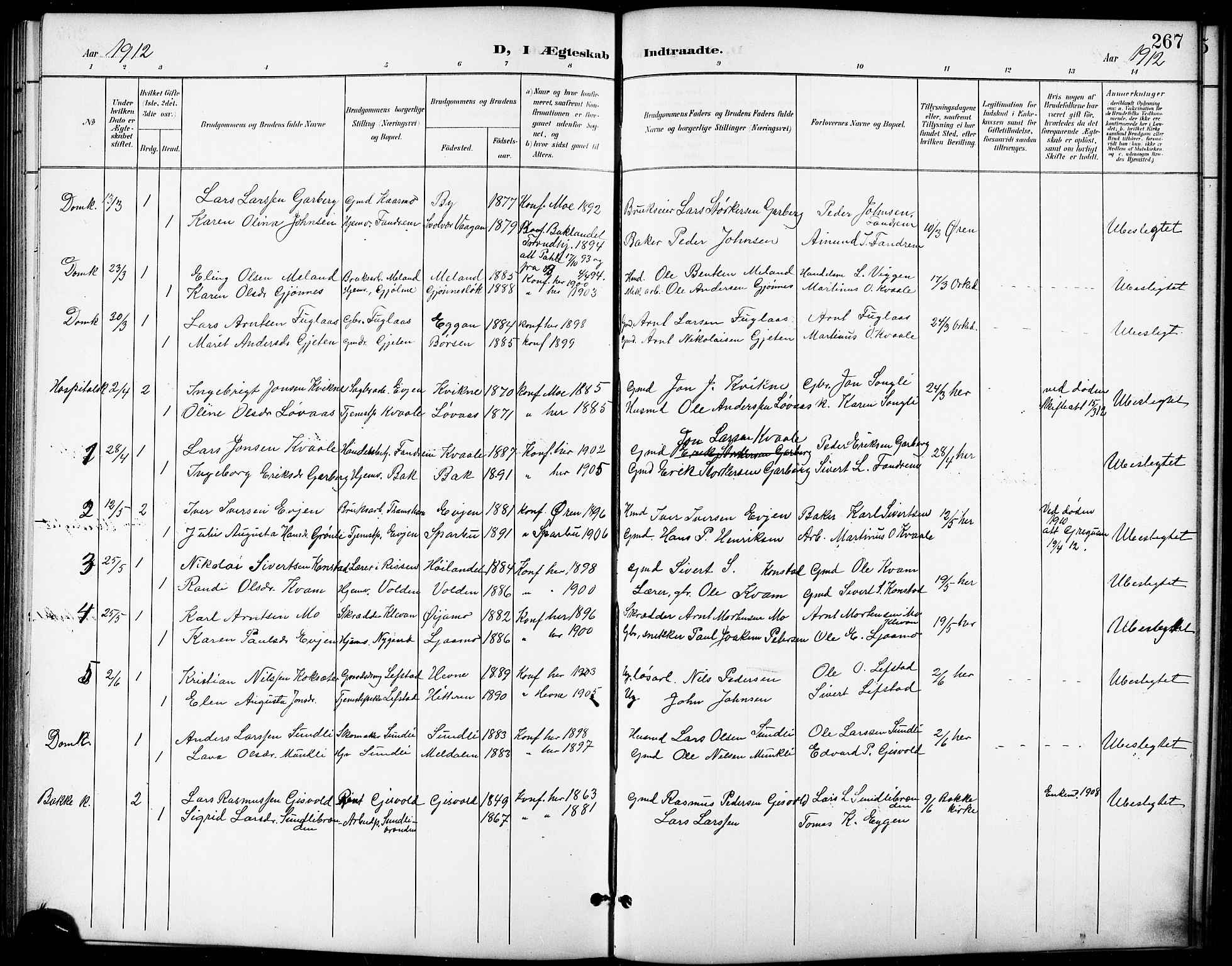 Ministerialprotokoller, klokkerbøker og fødselsregistre - Sør-Trøndelag, SAT/A-1456/668/L0819: Parish register (copy) no. 668C08, 1899-1912, p. 267