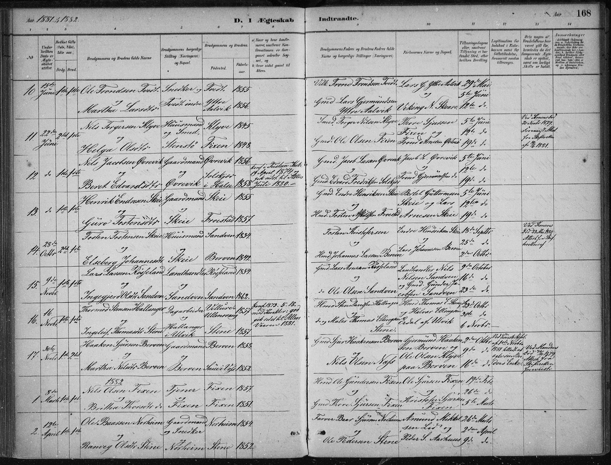Kvam sokneprestembete, SAB/A-76201/H/Haa: Parish register (official) no. B  1, 1880-1908, p. 168