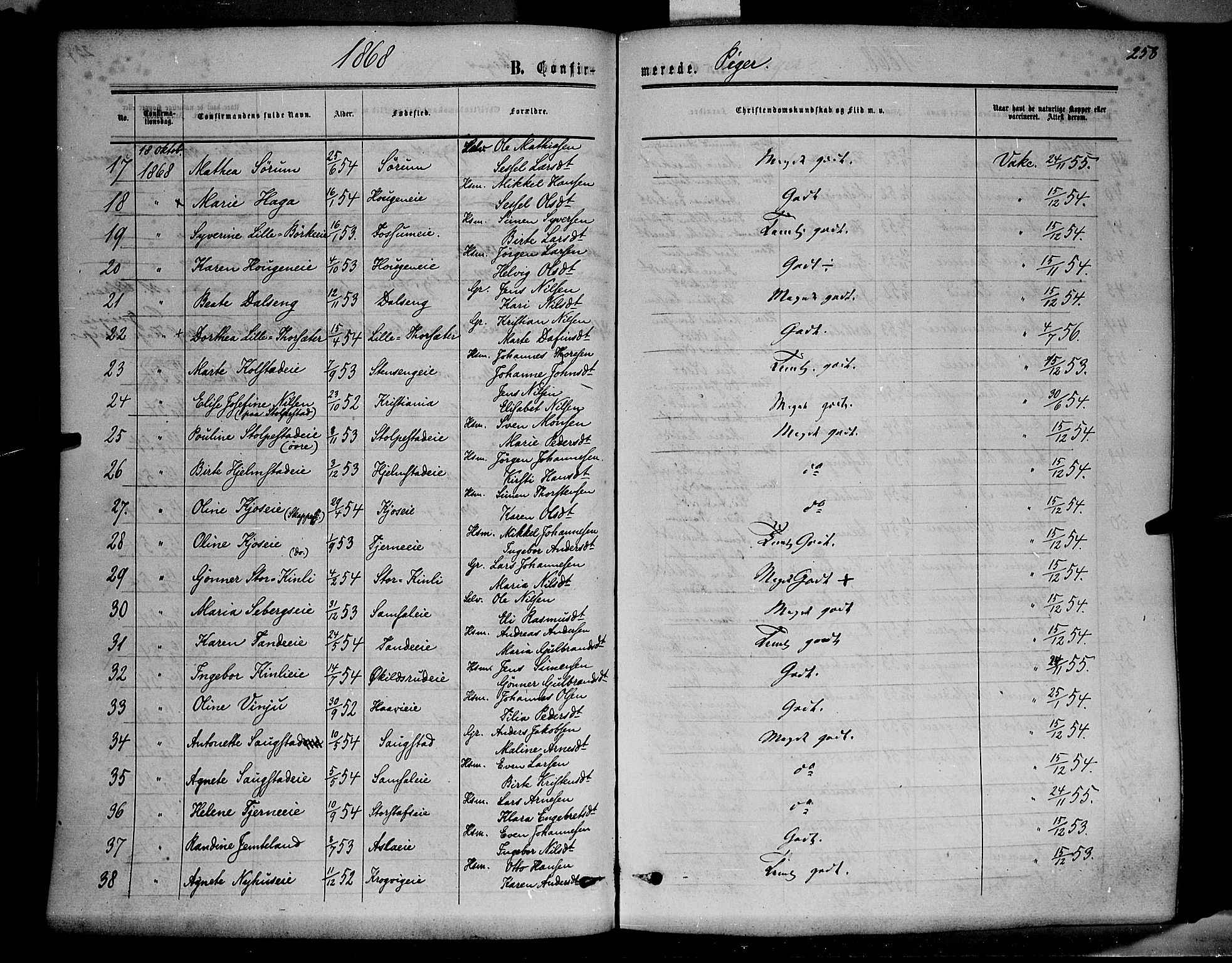 Ringsaker prestekontor, AV/SAH-PREST-014/K/Ka/L0010: Parish register (official) no. 10, 1861-1869, p. 258