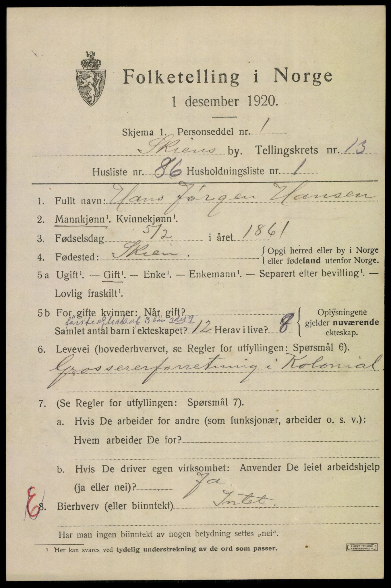 SAKO, 1920 census for Skien, 1920, p. 41016