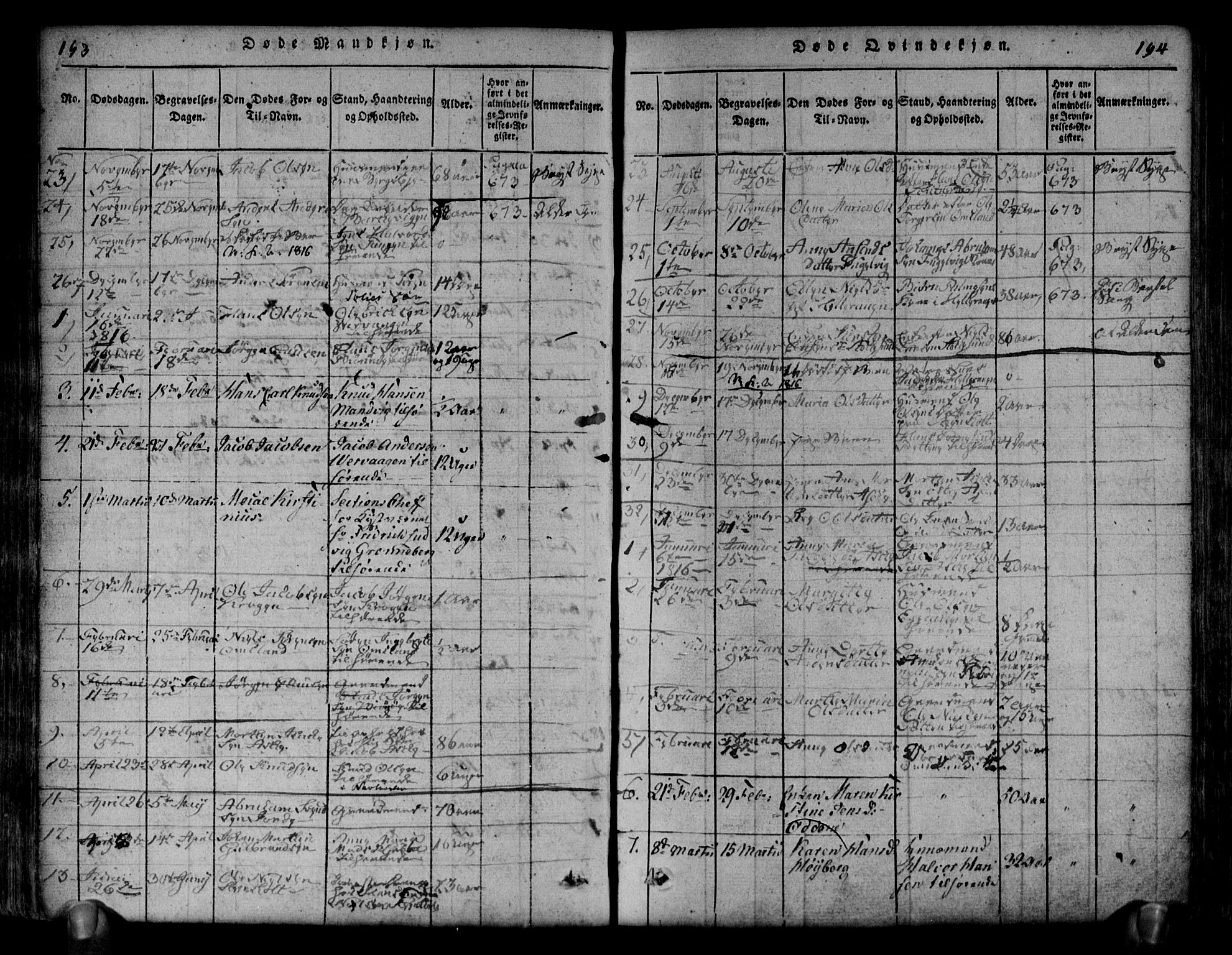 Brunlanes kirkebøker, AV/SAKO-A-342/G/Ga/L0001: Parish register (copy) no. I 1, 1814-1834, p. 193-194