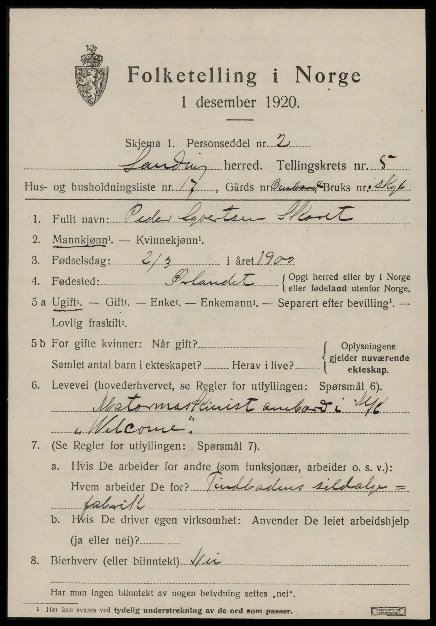 SAT, 1920 census for Sandøy, 1920, p. 1998