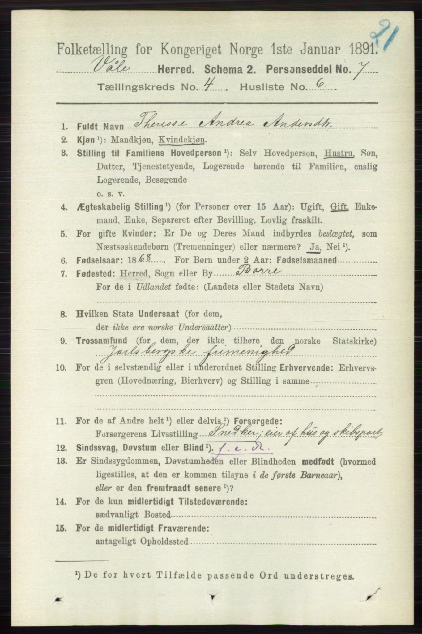 RA, 1891 census for 0716 Våle, 1891, p. 1018