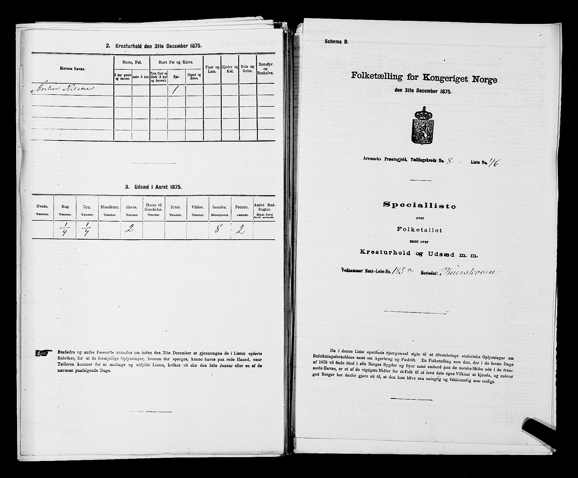 RA, 1875 census for 0118P Aremark, 1875, p. 1325