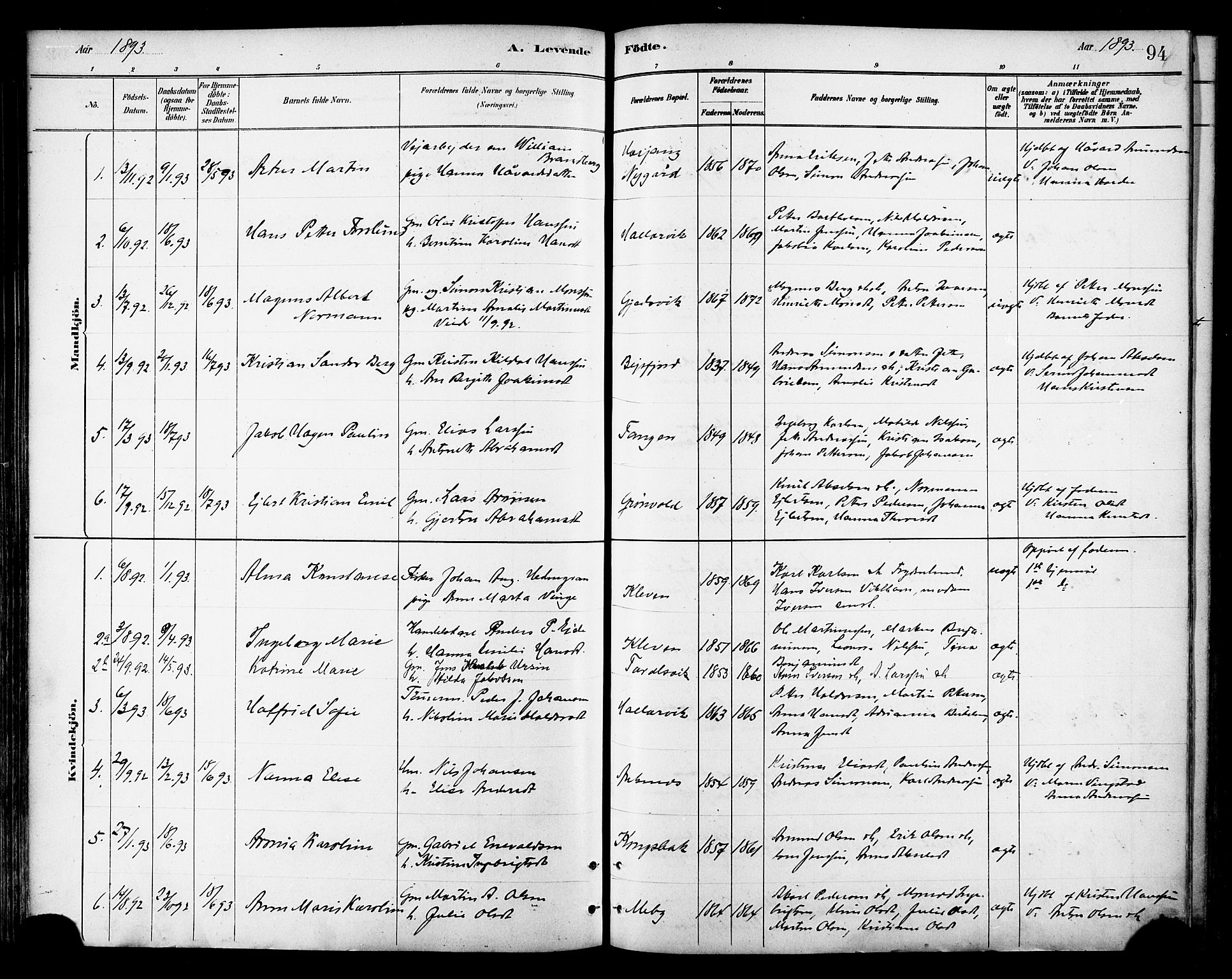 Ministerialprotokoller, klokkerbøker og fødselsregistre - Nordland, AV/SAT-A-1459/866/L0938: Parish register (official) no. 866A01, 1879-1893, p. 94