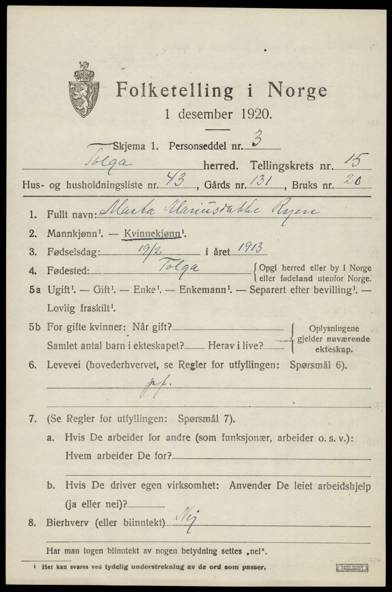 SAH, 1920 census for Tolga, 1920, p. 7371