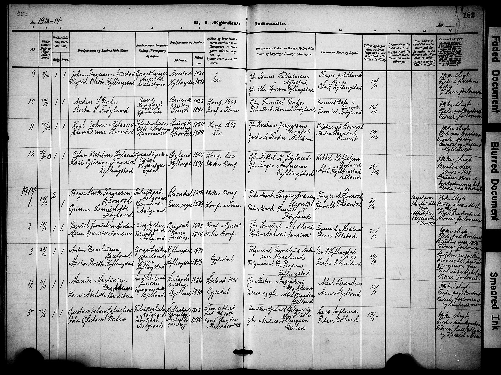 Lye sokneprestkontor, SAST/A-101794/001/30BB/L0009: Parish register (copy) no. B 9, 1902-1923, p. 182