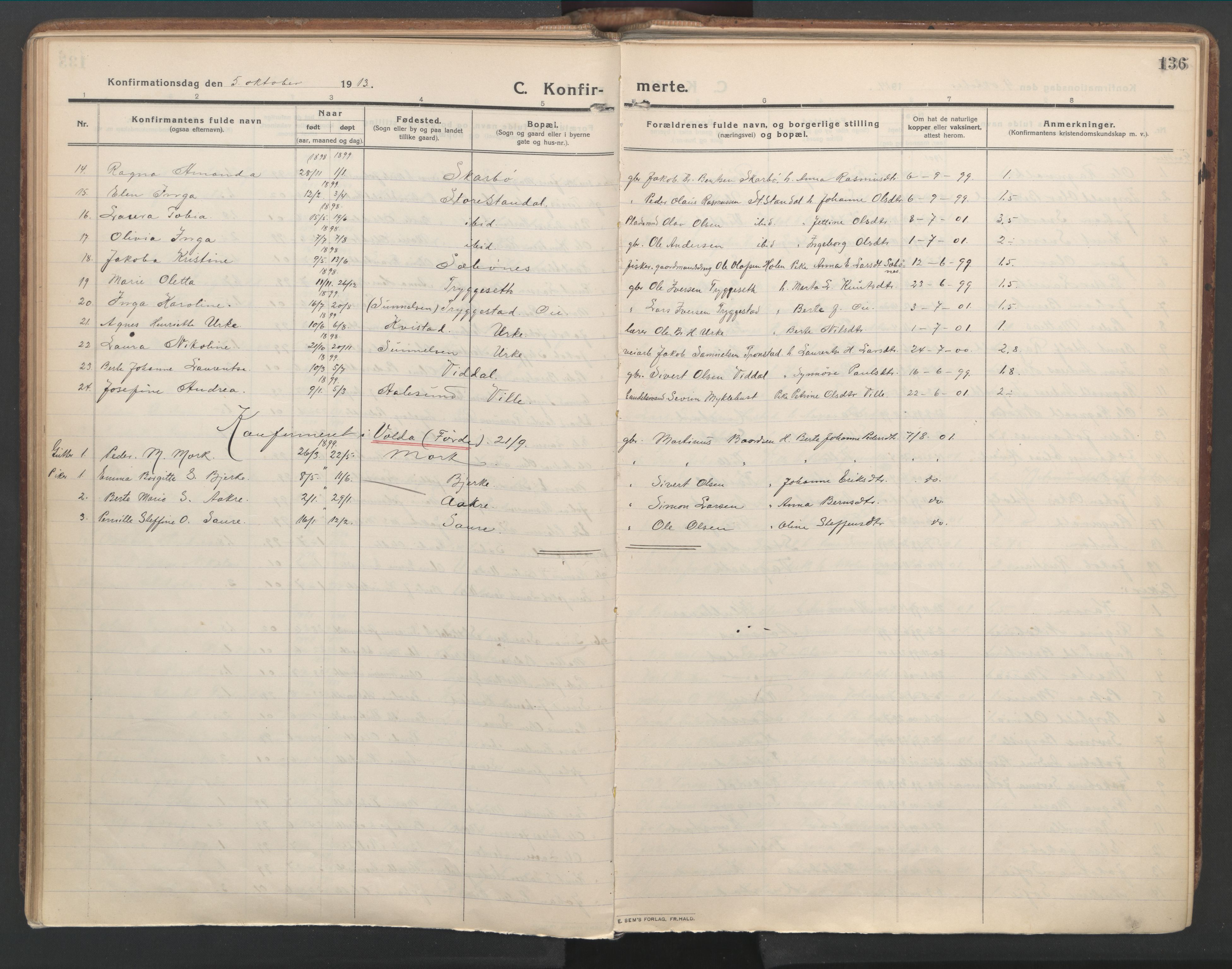 Ministerialprotokoller, klokkerbøker og fødselsregistre - Møre og Romsdal, AV/SAT-A-1454/515/L0212: Parish register (official) no. 515A08, 1911-1935, p. 136