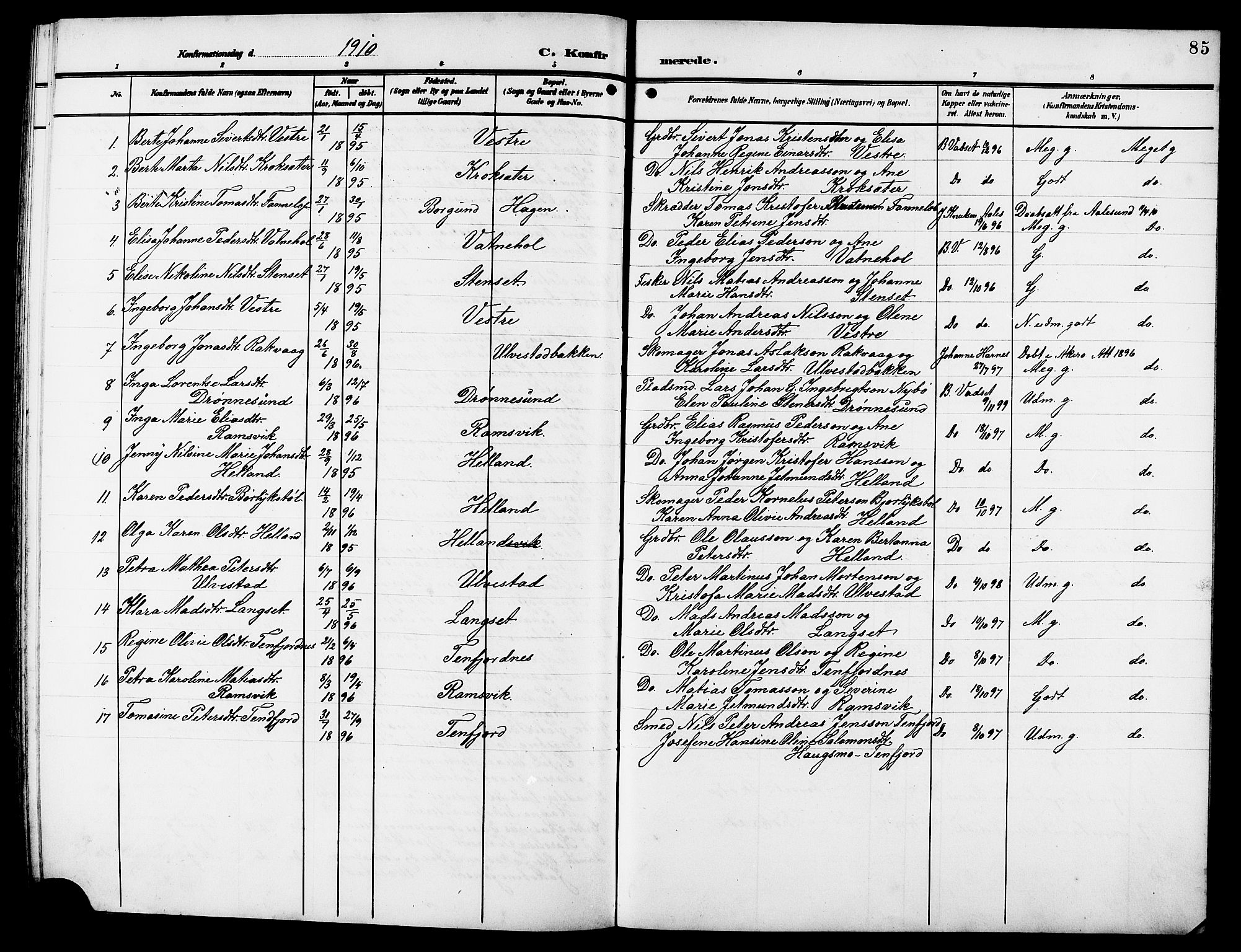 Ministerialprotokoller, klokkerbøker og fødselsregistre - Møre og Romsdal, AV/SAT-A-1454/525/L0377: Parish register (copy) no. 525C03, 1903-1917, p. 85