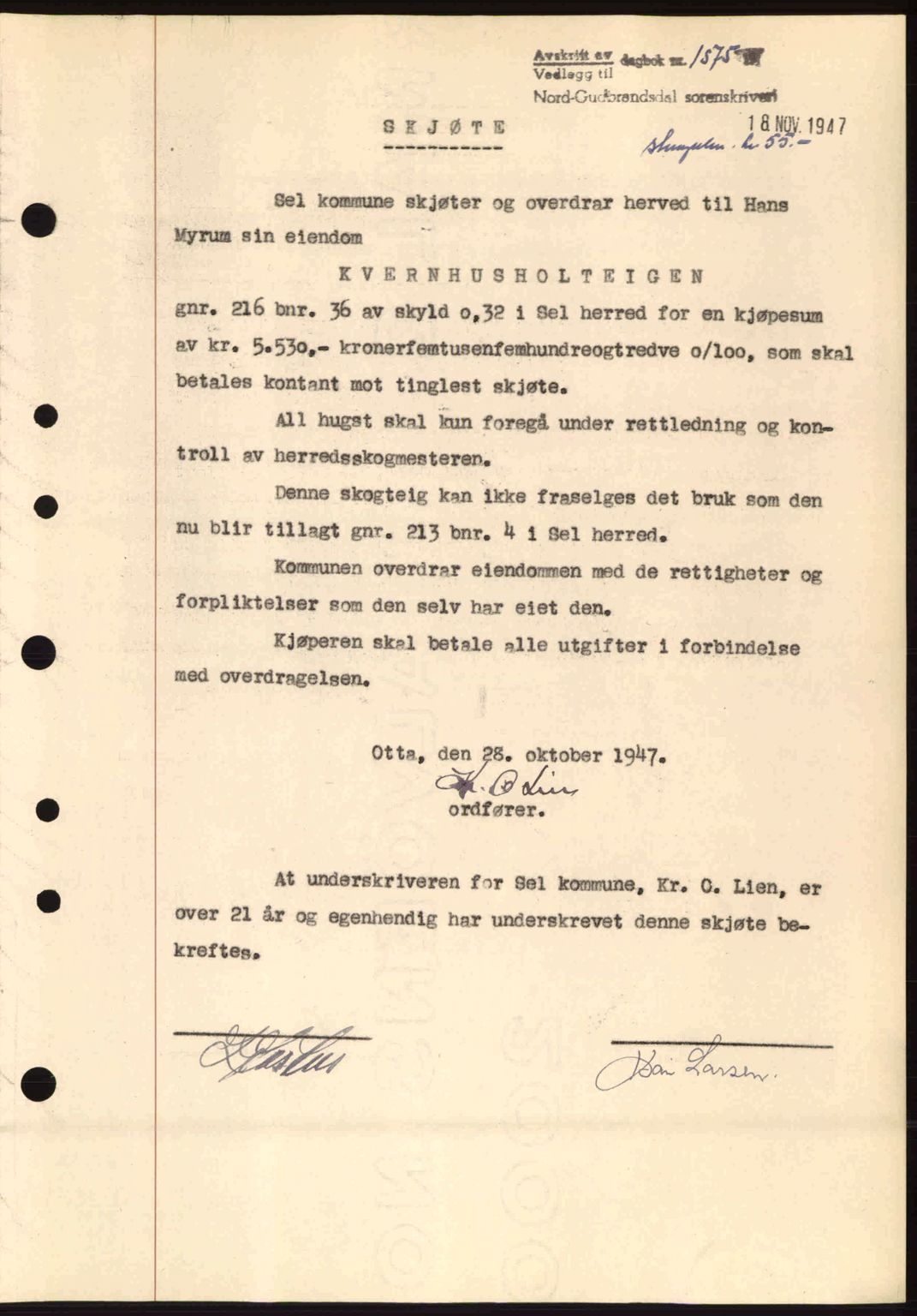 Nord-Gudbrandsdal tingrett, AV/SAH-TING-002/H/Hb/Hbb/L0018: Mortgage book no. FA18, 1947-1947, Diary no: : 1575/1947