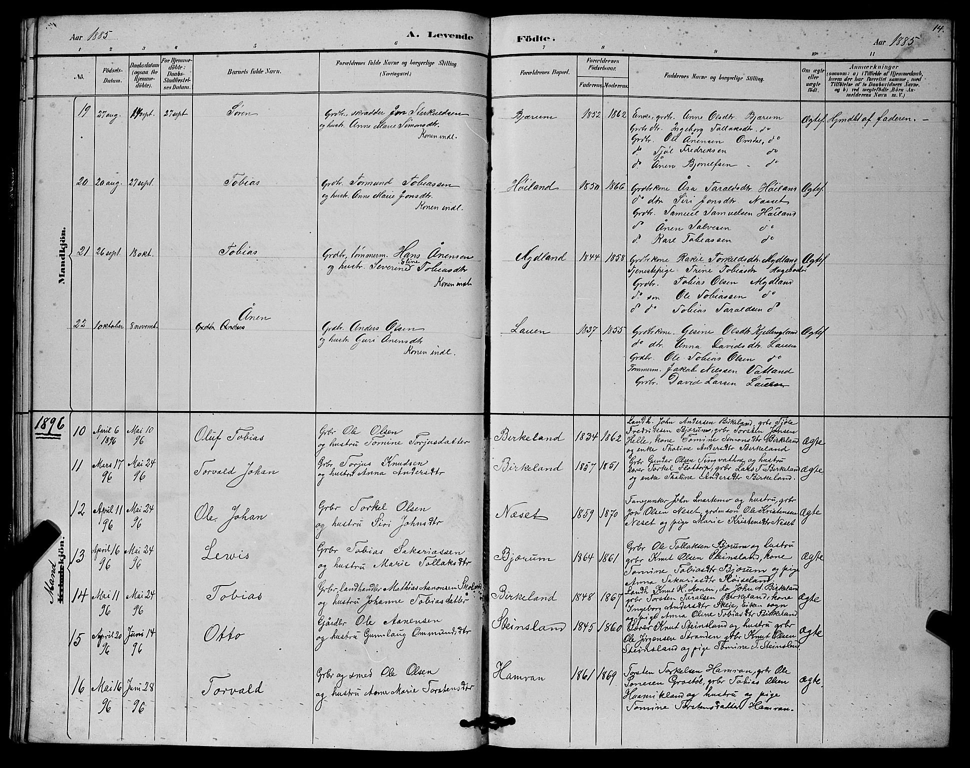 Hægebostad sokneprestkontor, SAK/1111-0024/F/Fb/Fba/L0003: Parish register (copy) no. B 3, 1883-1896, p. 14