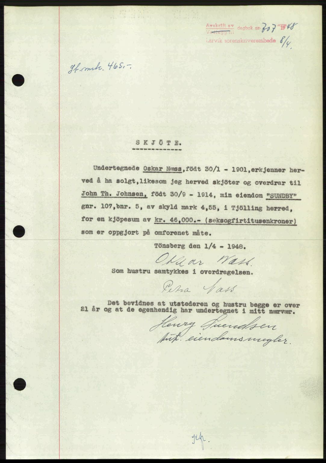 Larvik sorenskriveri, AV/SAKO-A-83/G/Ga/Gab/L0086: Mortgage book no. A-20, 1948-1948, Diary no: : 707/1948