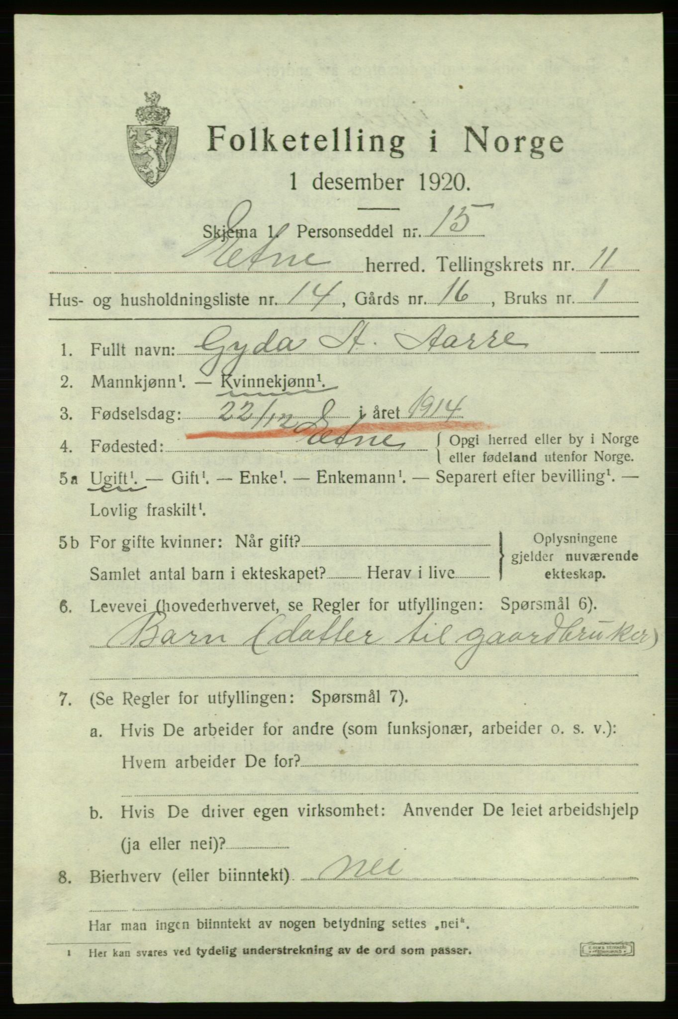 SAB, 1920 census for Etne, 1920, p. 4843