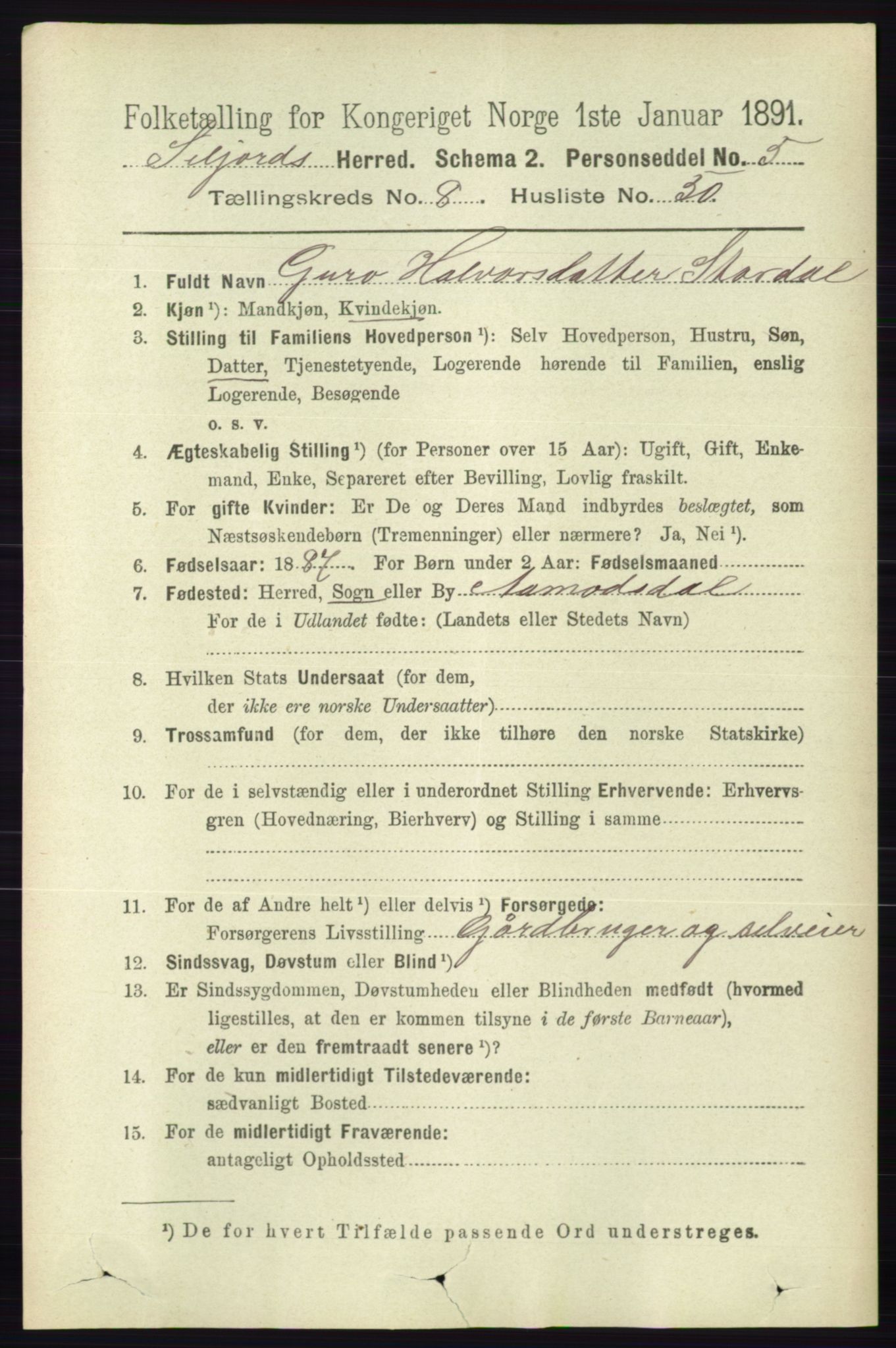 RA, 1891 census for 0828 Seljord, 1891, p. 3121