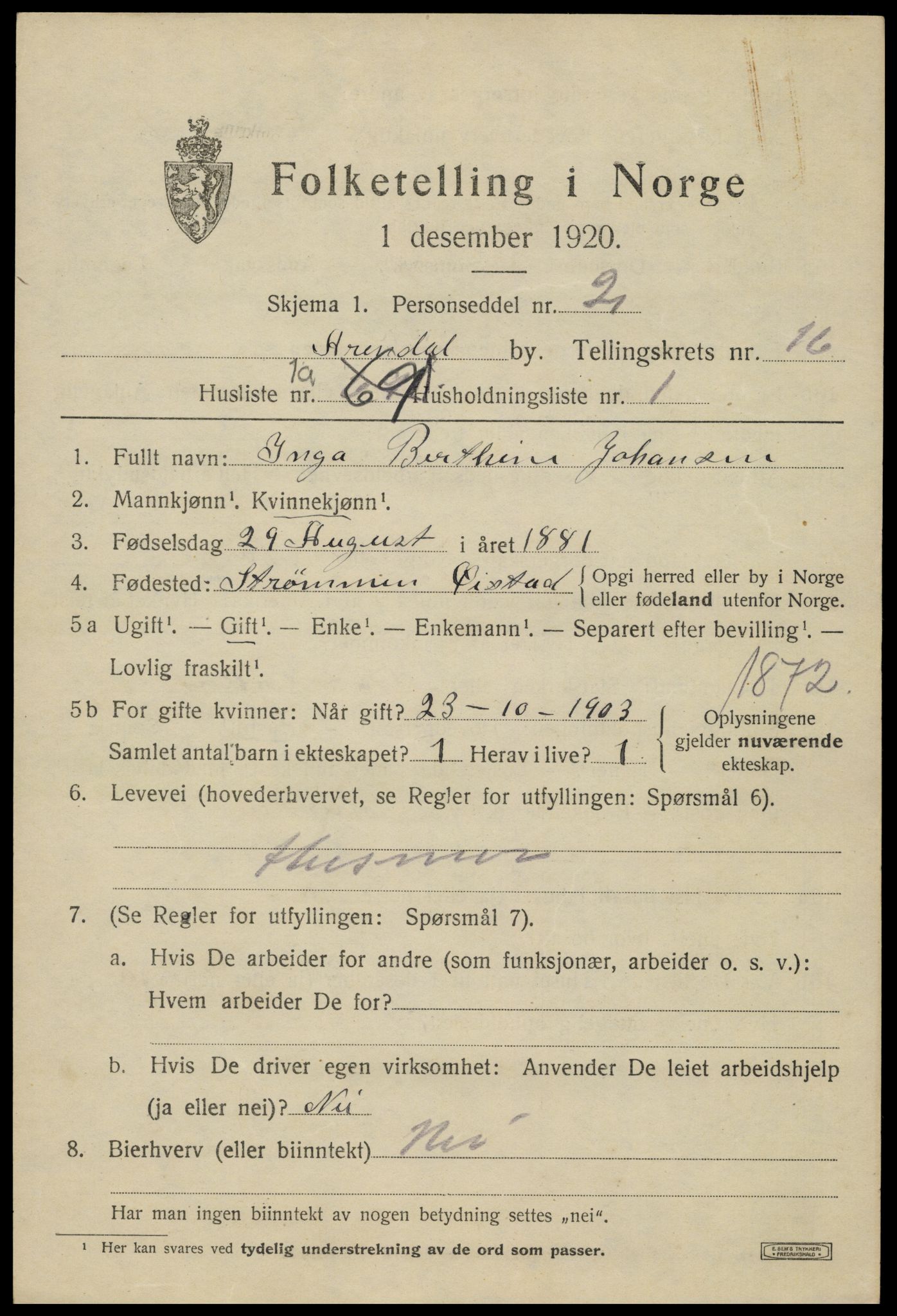 SAK, 1920 census for Arendal, 1920, p. 23312