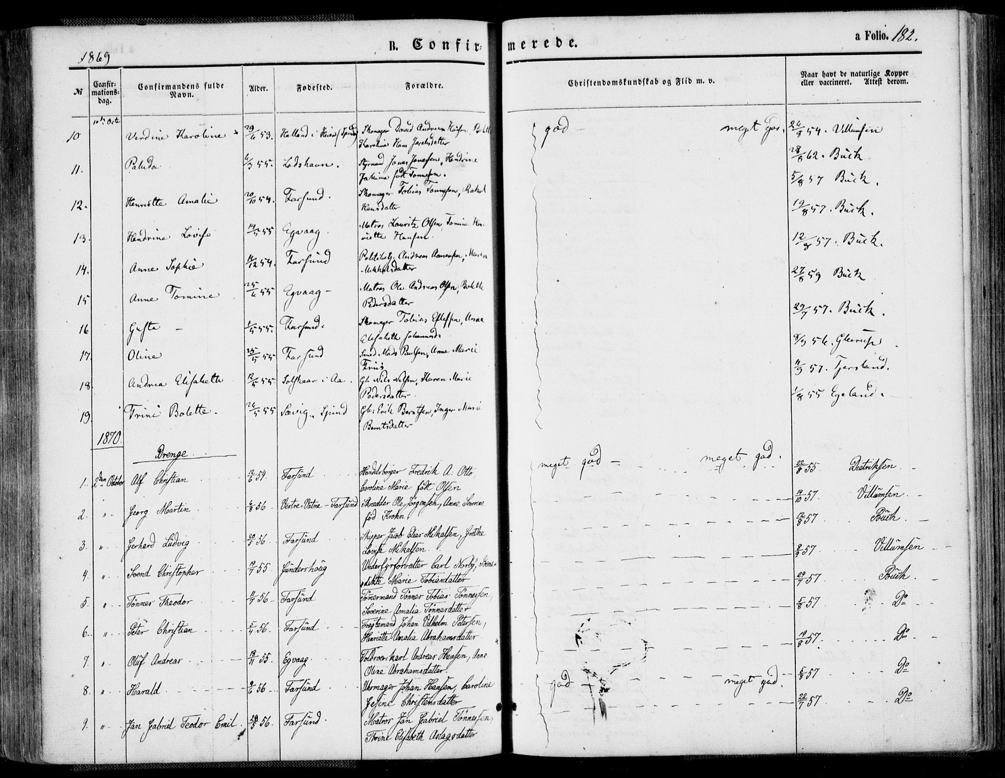 Farsund sokneprestkontor, SAK/1111-0009/F/Fa/L0005: Parish register (official) no. A 5, 1863-1886, p. 182