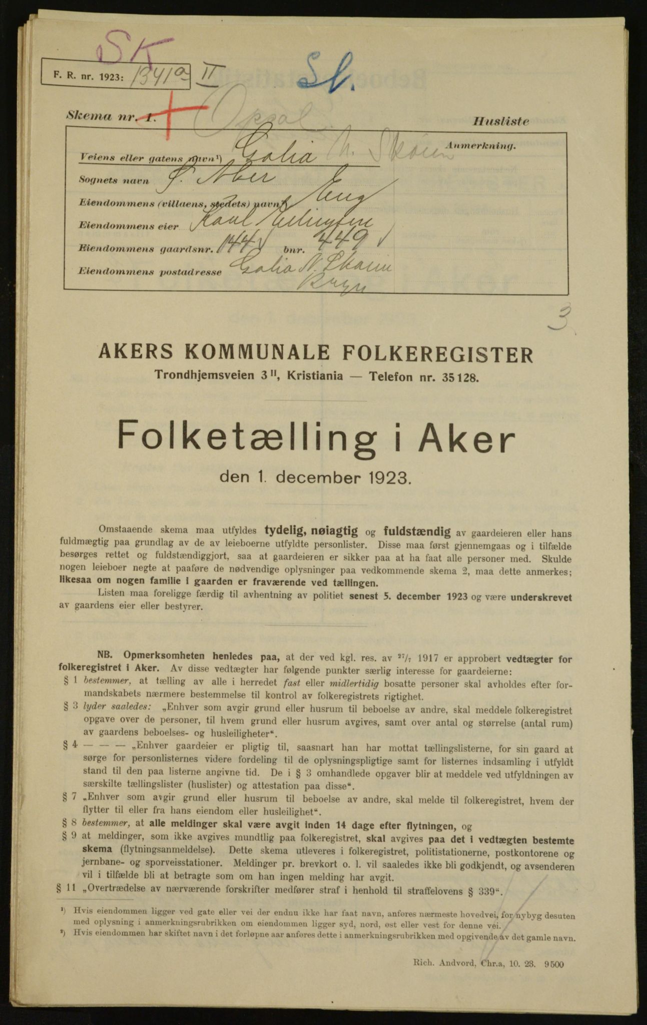 , Municipal Census 1923 for Aker, 1923, p. 30916