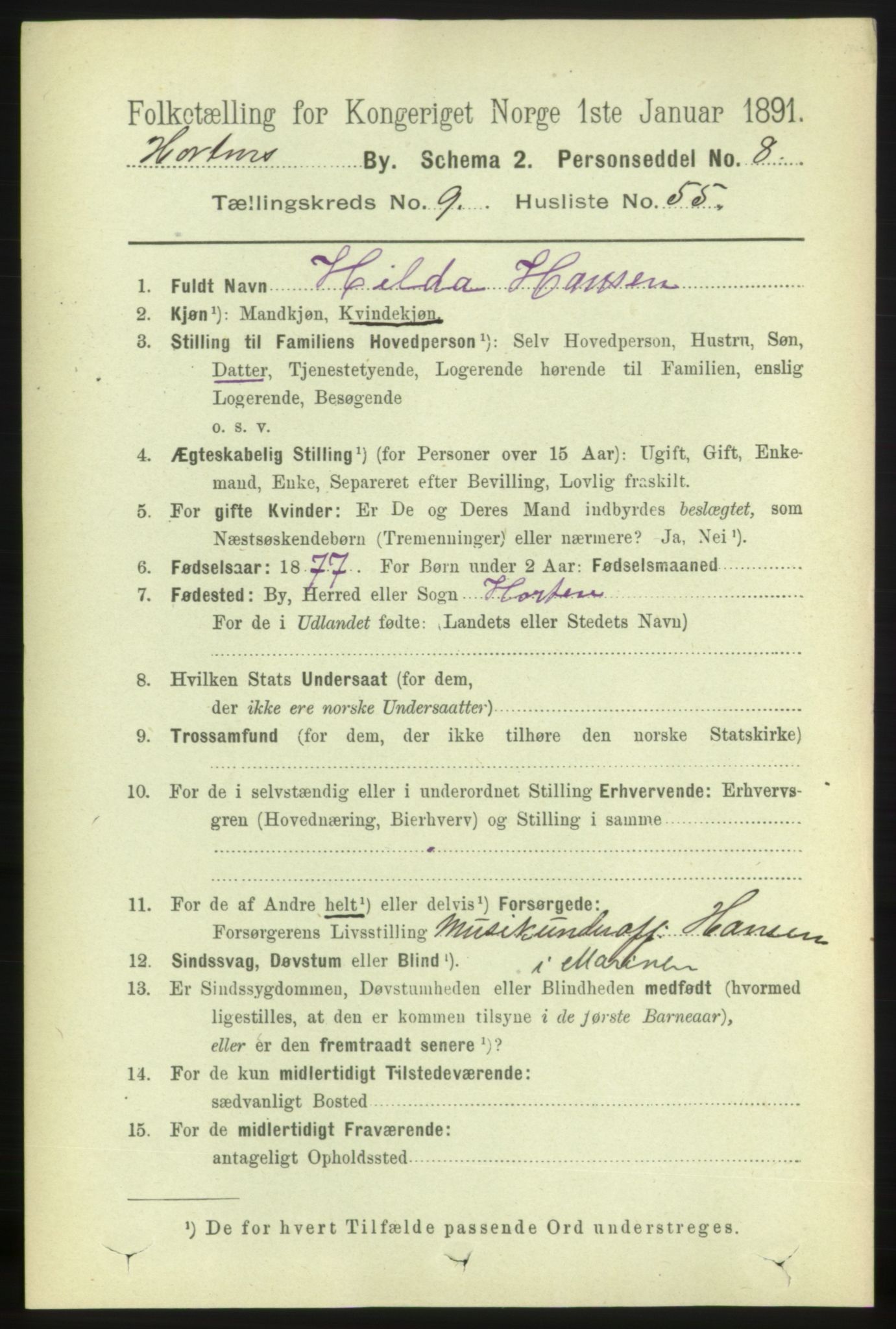 RA, 1891 census for 0703 Horten, 1891, p. 6153