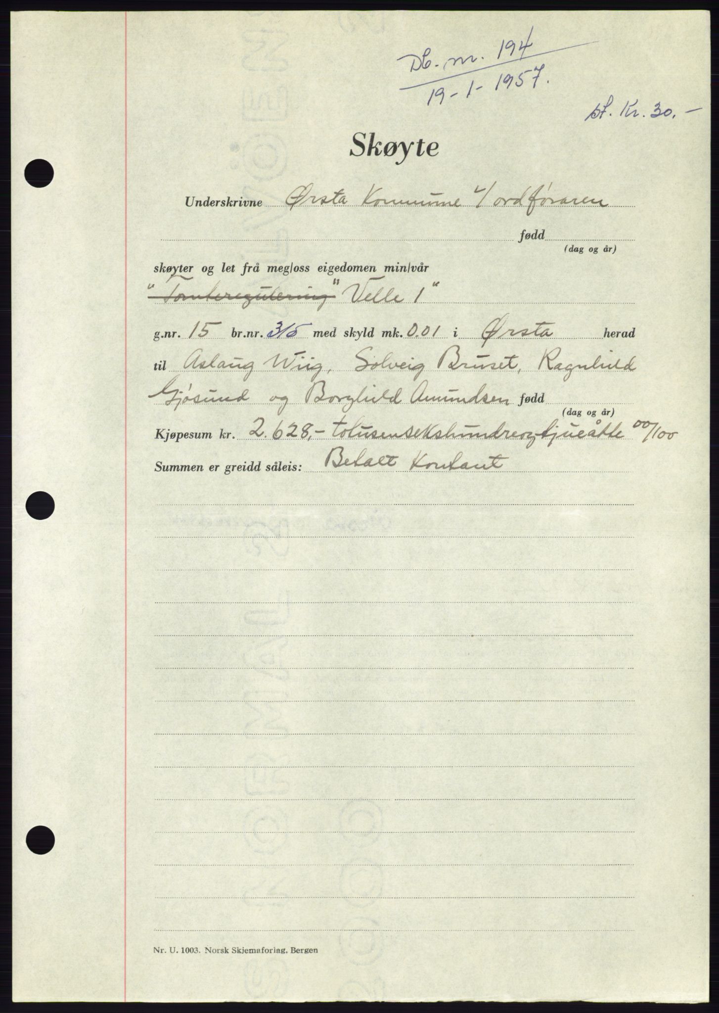 Søre Sunnmøre sorenskriveri, AV/SAT-A-4122/1/2/2C/L0105: Mortgage book no. 31A, 1956-1957, Diary no: : 194/1957
