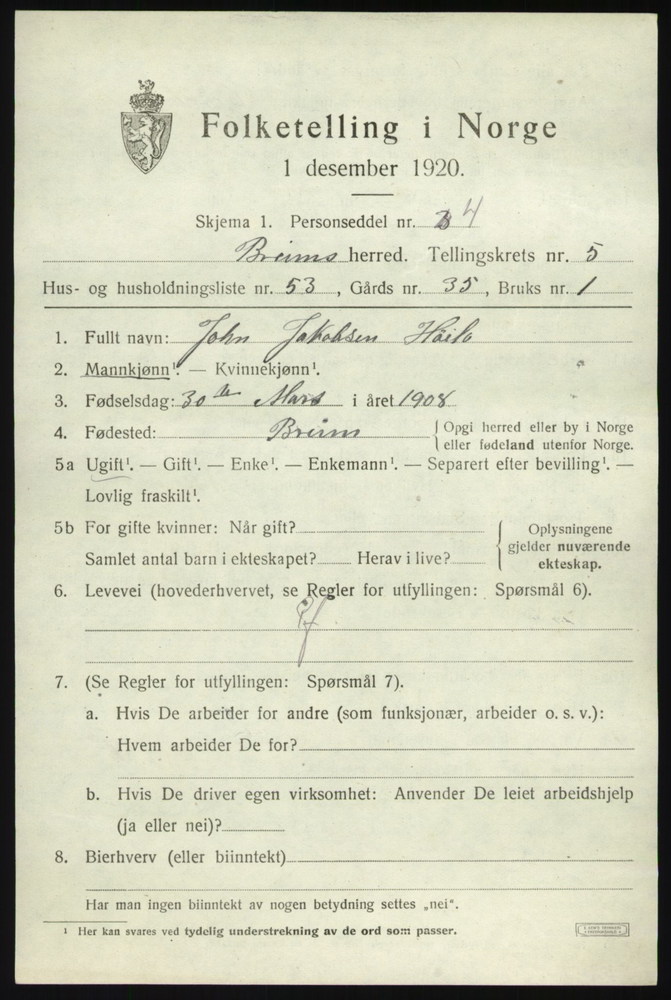 SAB, 1920 census for Breim, 1920, p. 3461