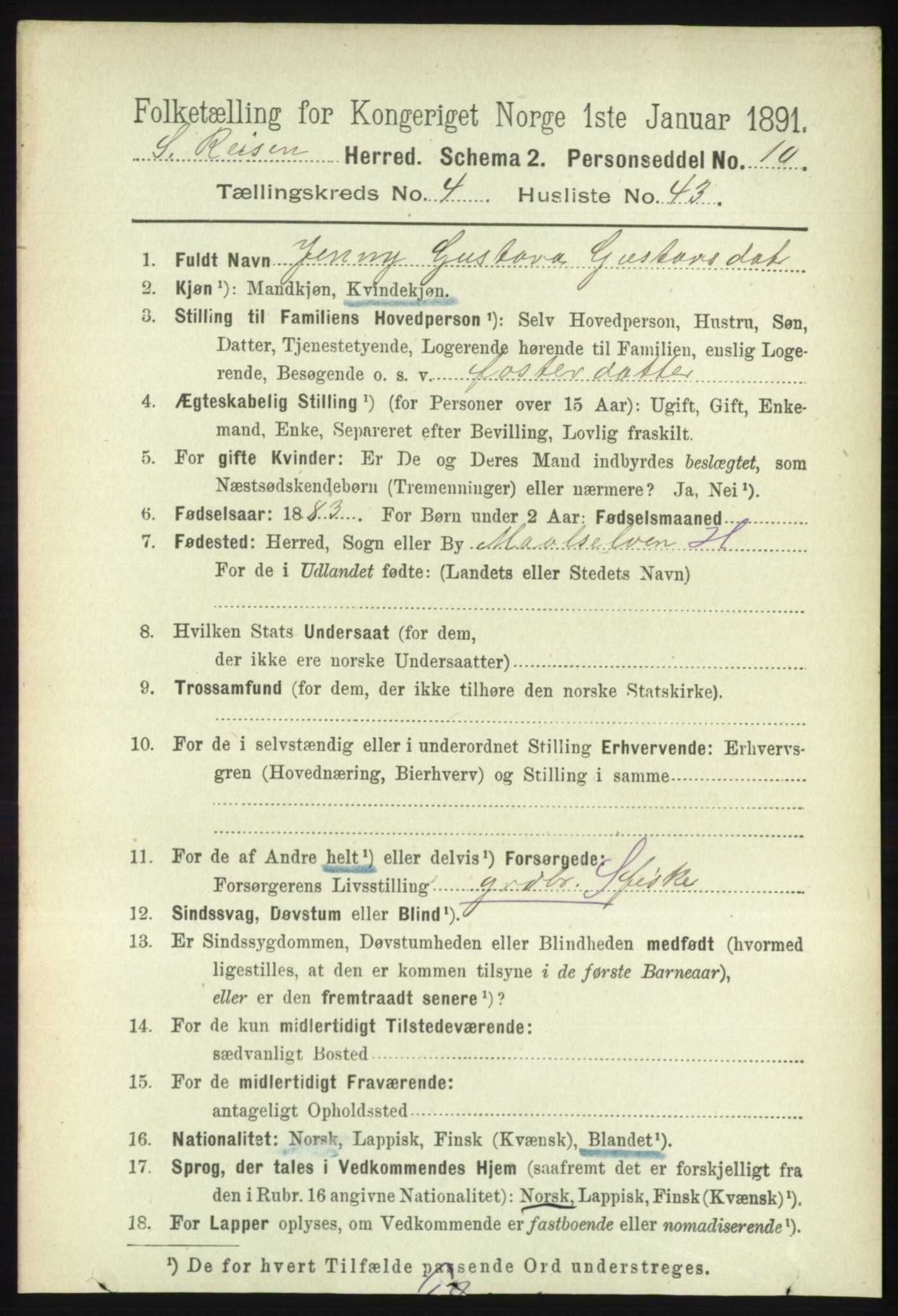 RA, 1891 census for 1925 Sørreisa, 1891, p. 1376