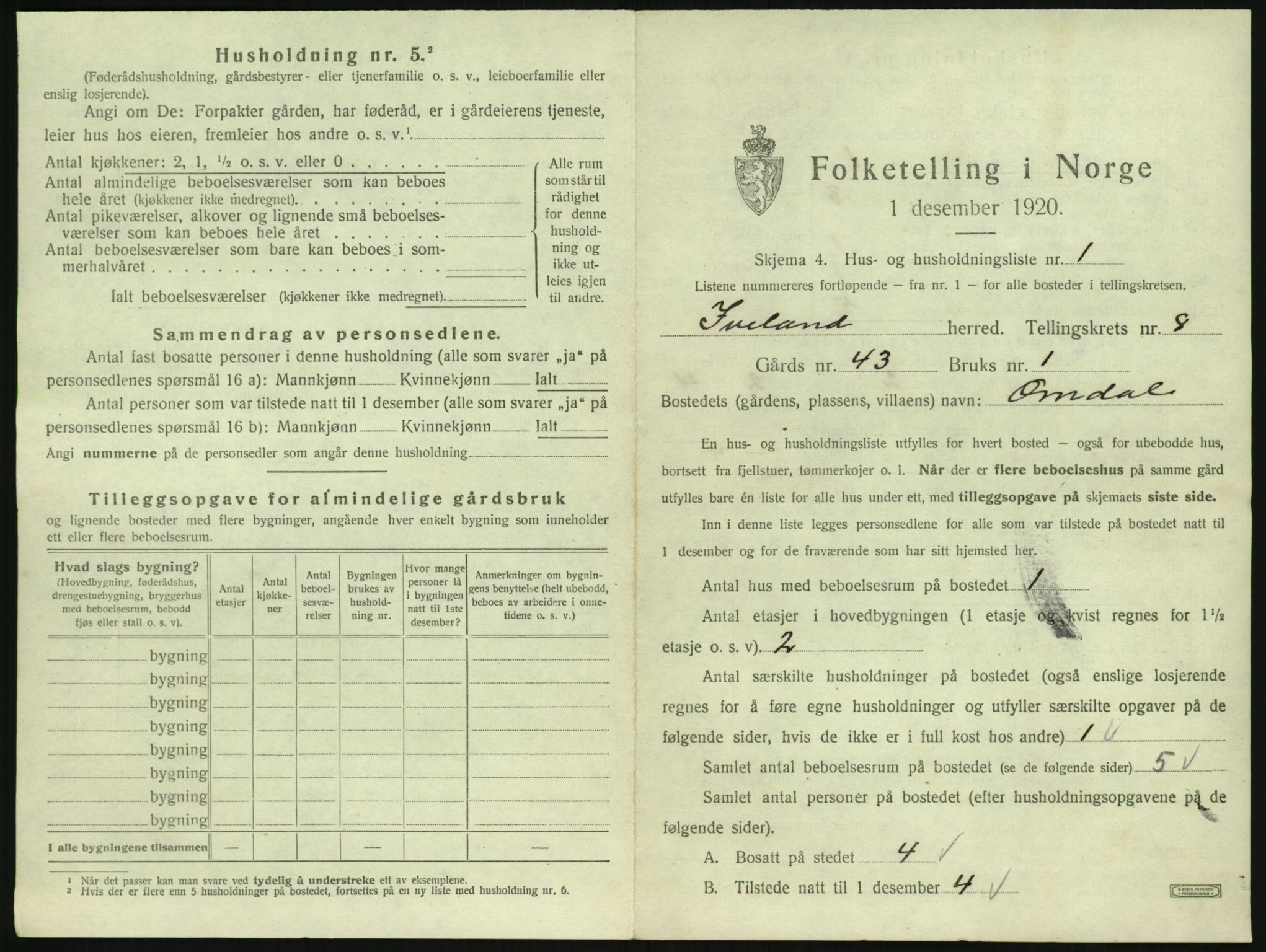 SAK, 1920 census for Iveland, 1920, p. 373