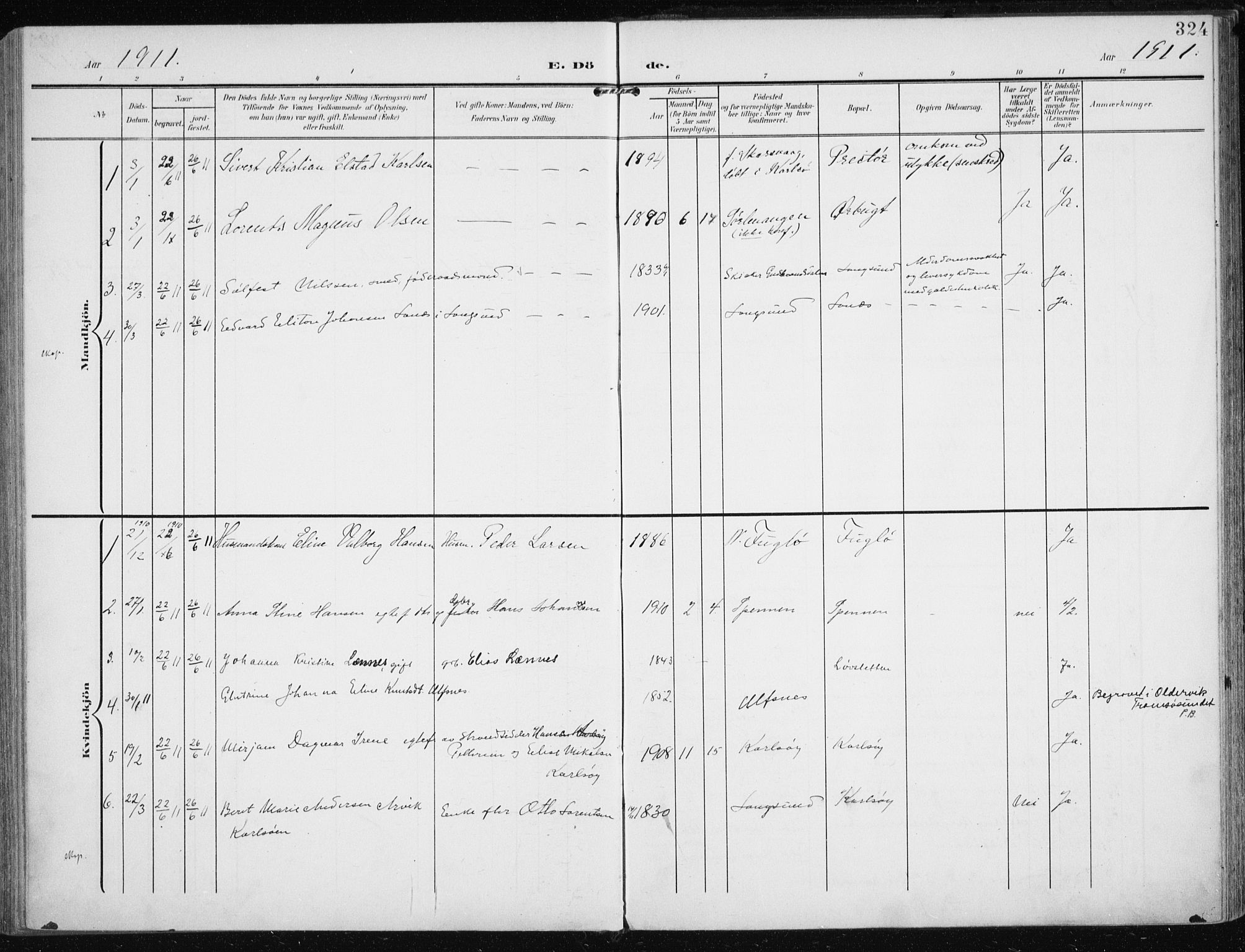 Karlsøy sokneprestembete, SATØ/S-1299/H/Ha/Haa/L0014kirke: Parish register (official) no. 14, 1903-1917, p. 324