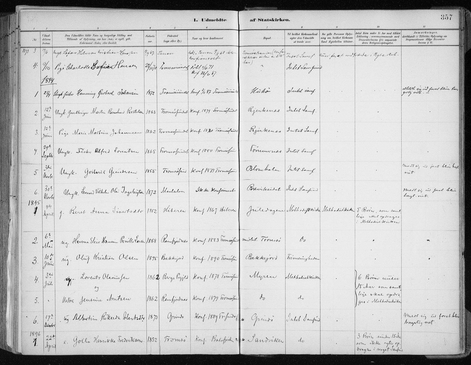 Tromsøysund sokneprestkontor, SATØ/S-1304/G/Ga/L0005kirke: Parish register (official) no. 5, 1888-1896, p. 357
