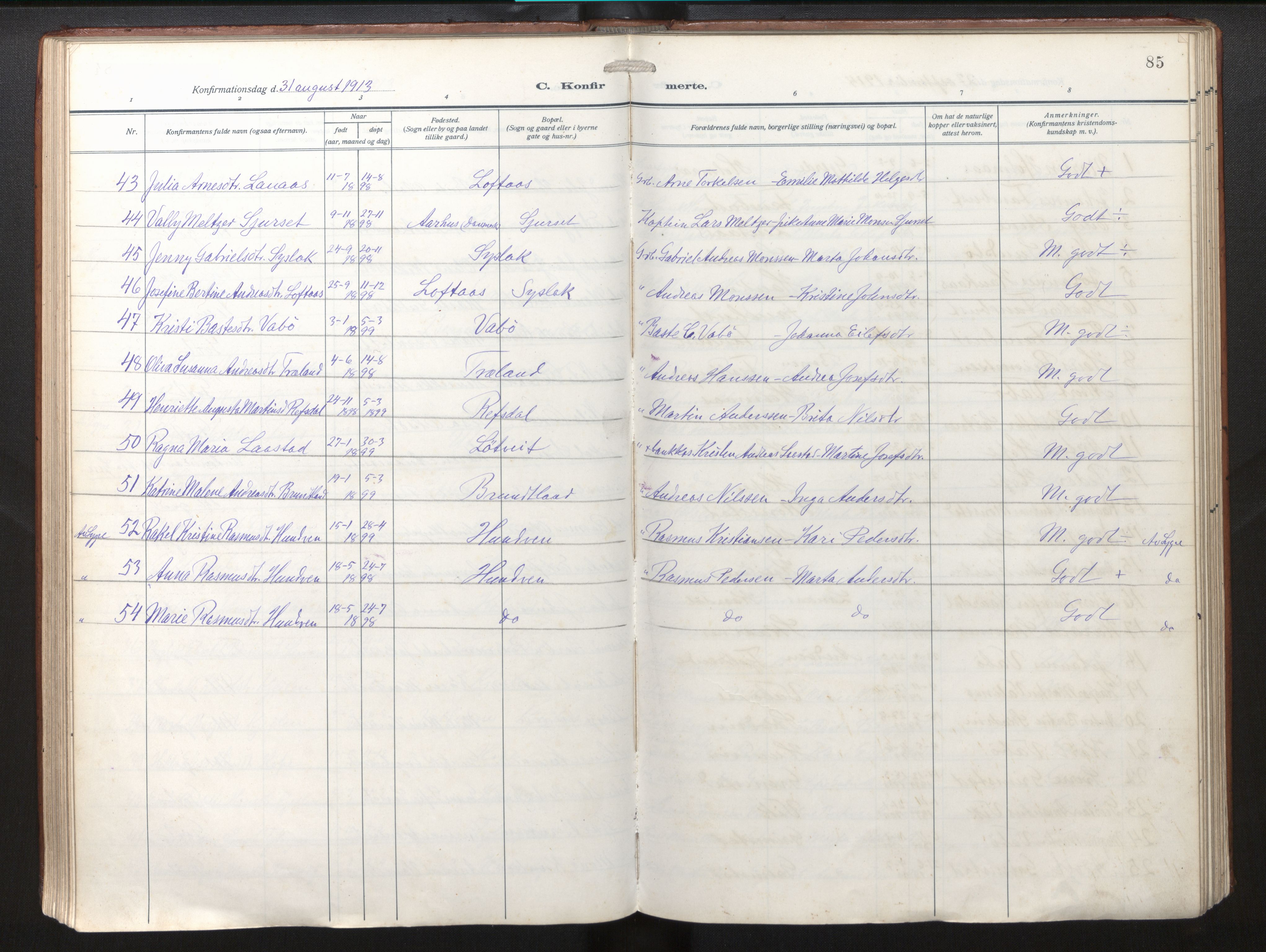 Lindås Sokneprestembete, SAB/A-76701/H/Haa/Haab/L0003: Parish register (official) no. B 3, 1912-1929, p. 85